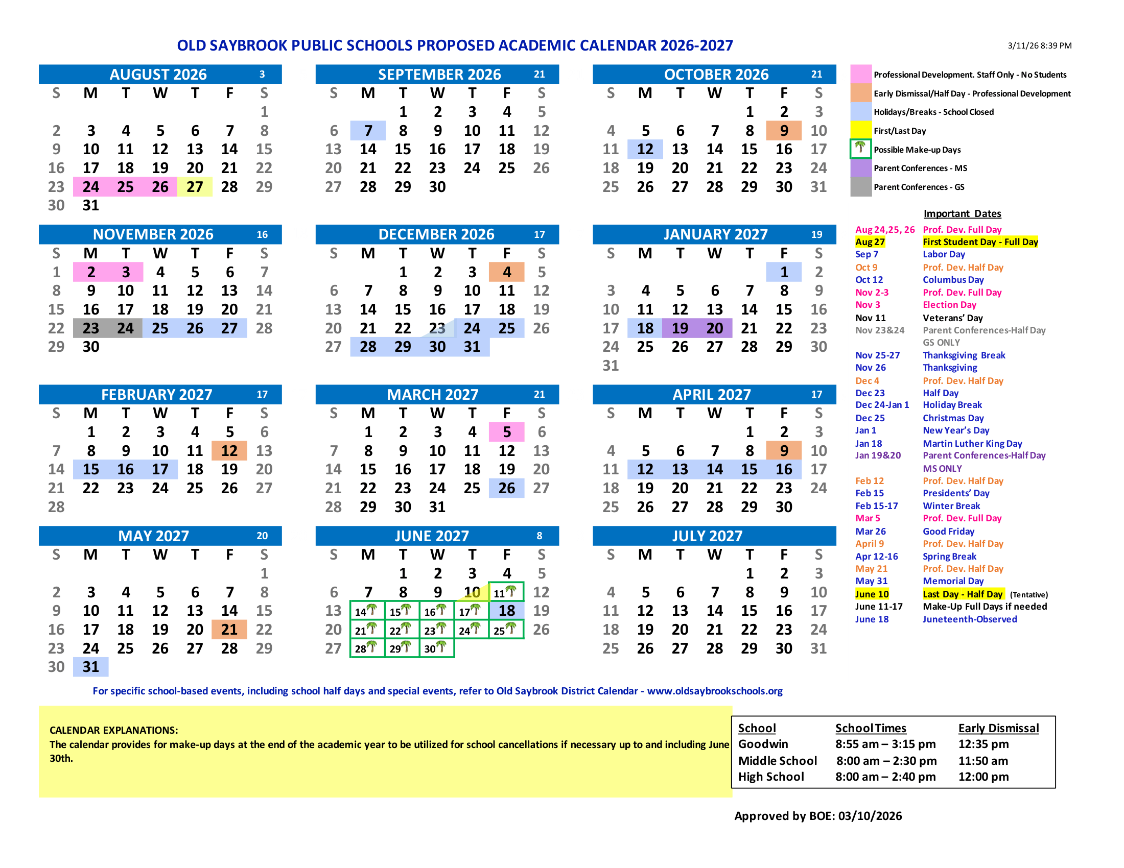 Old Saybrook Public Schools CT 2026-27 calendar page 1