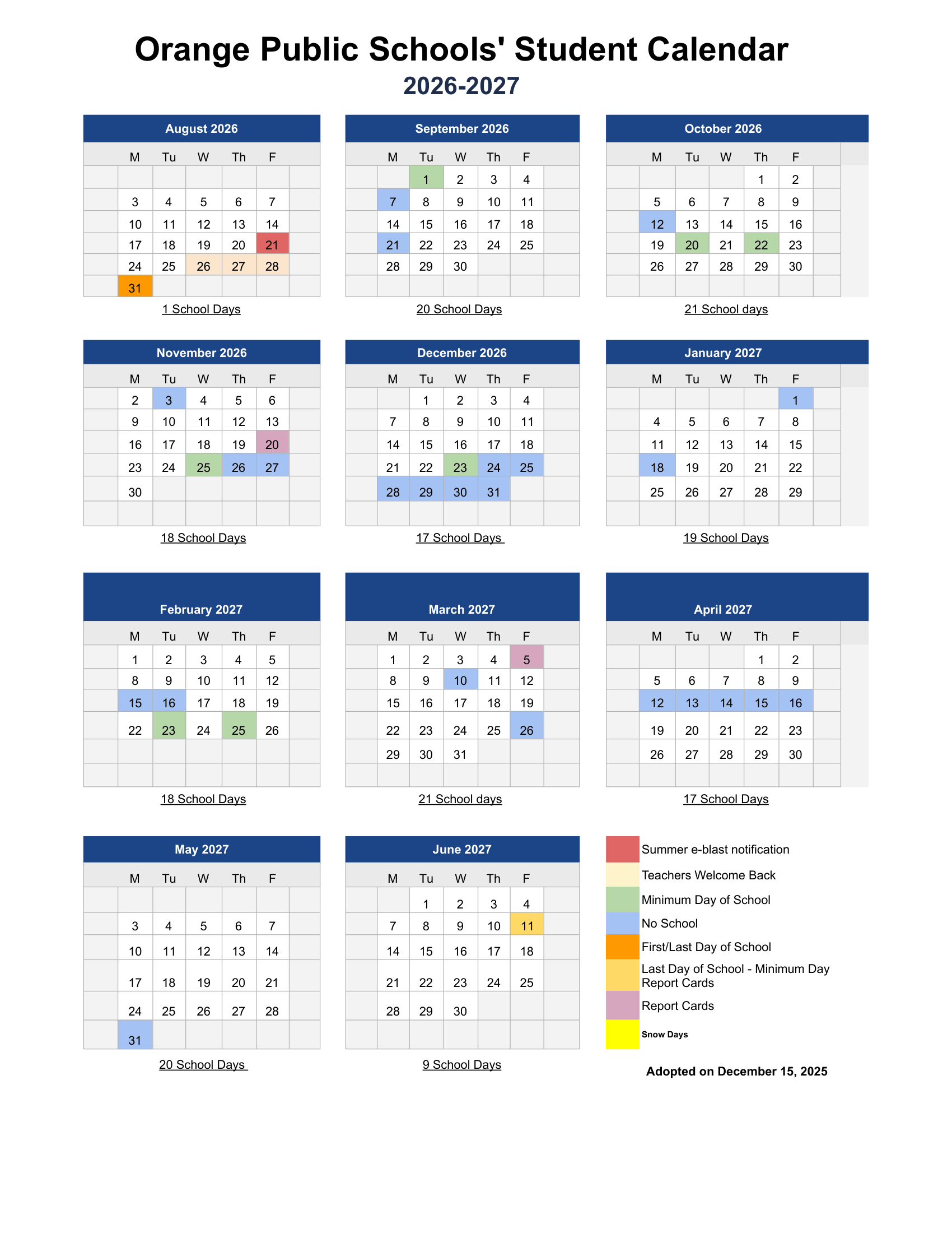 Orange Public Schools CT 2026-27 calendar