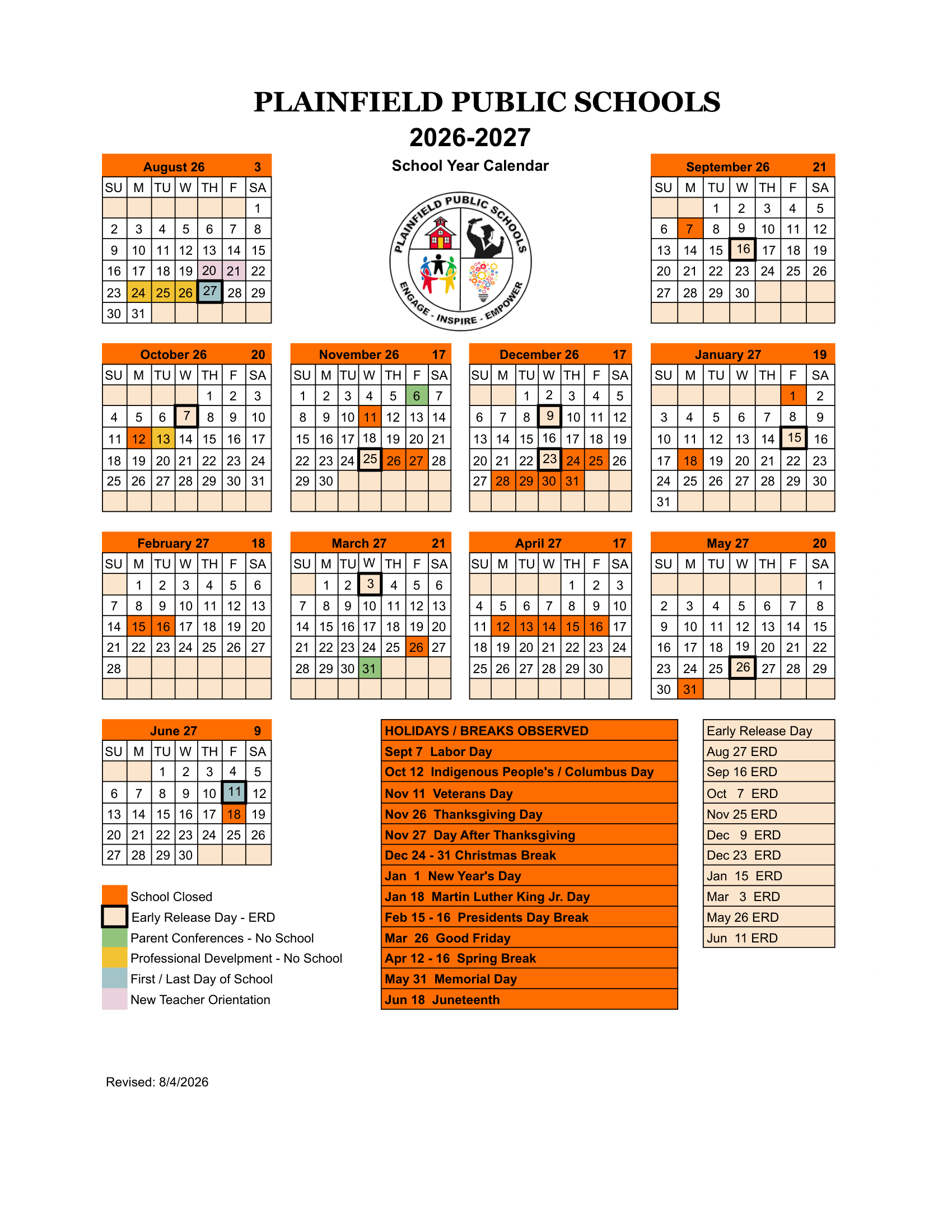 PLAINFIELD PUBLIC SCHOOLS CT 2026-27 calendar