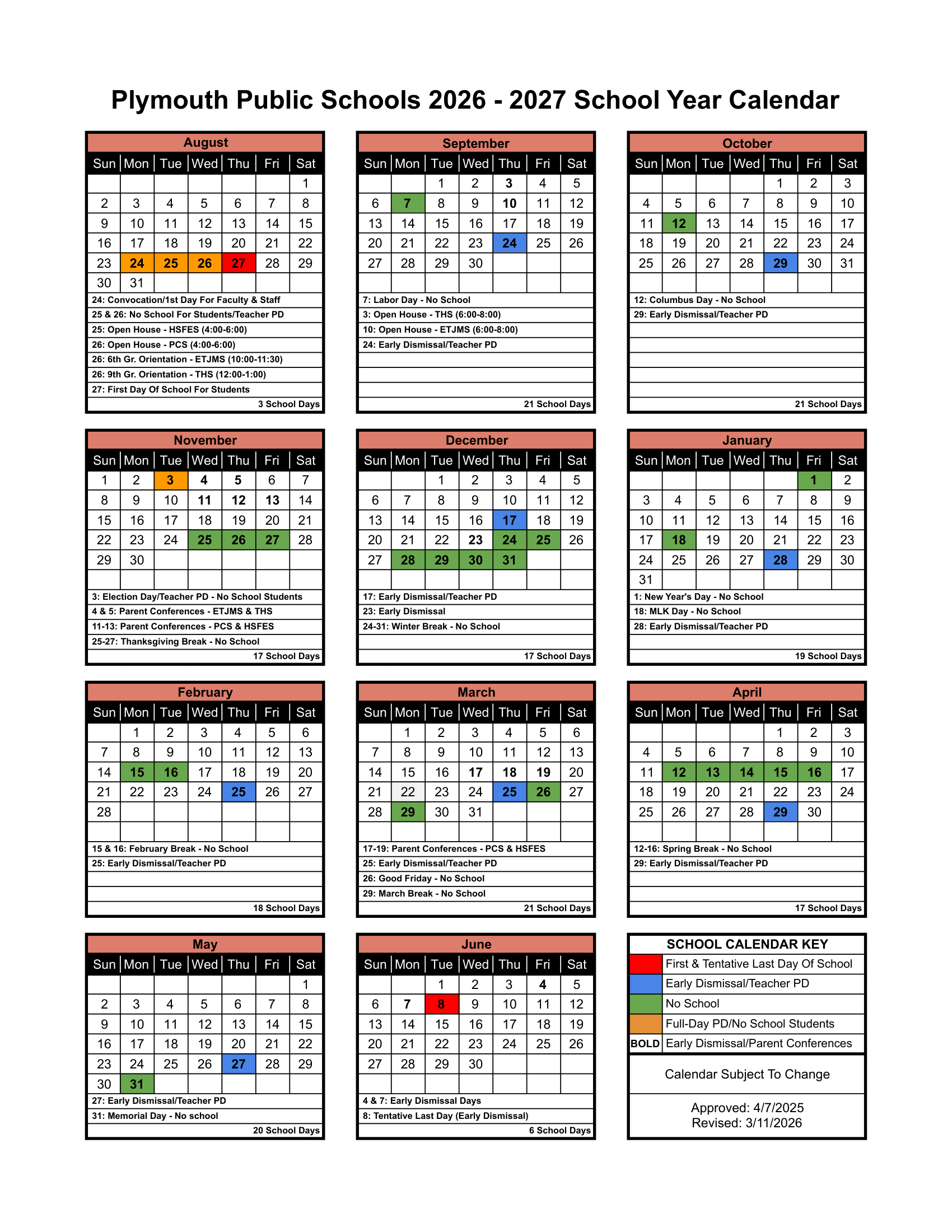 Plymouth Public Schools CT 2026-27 calendar