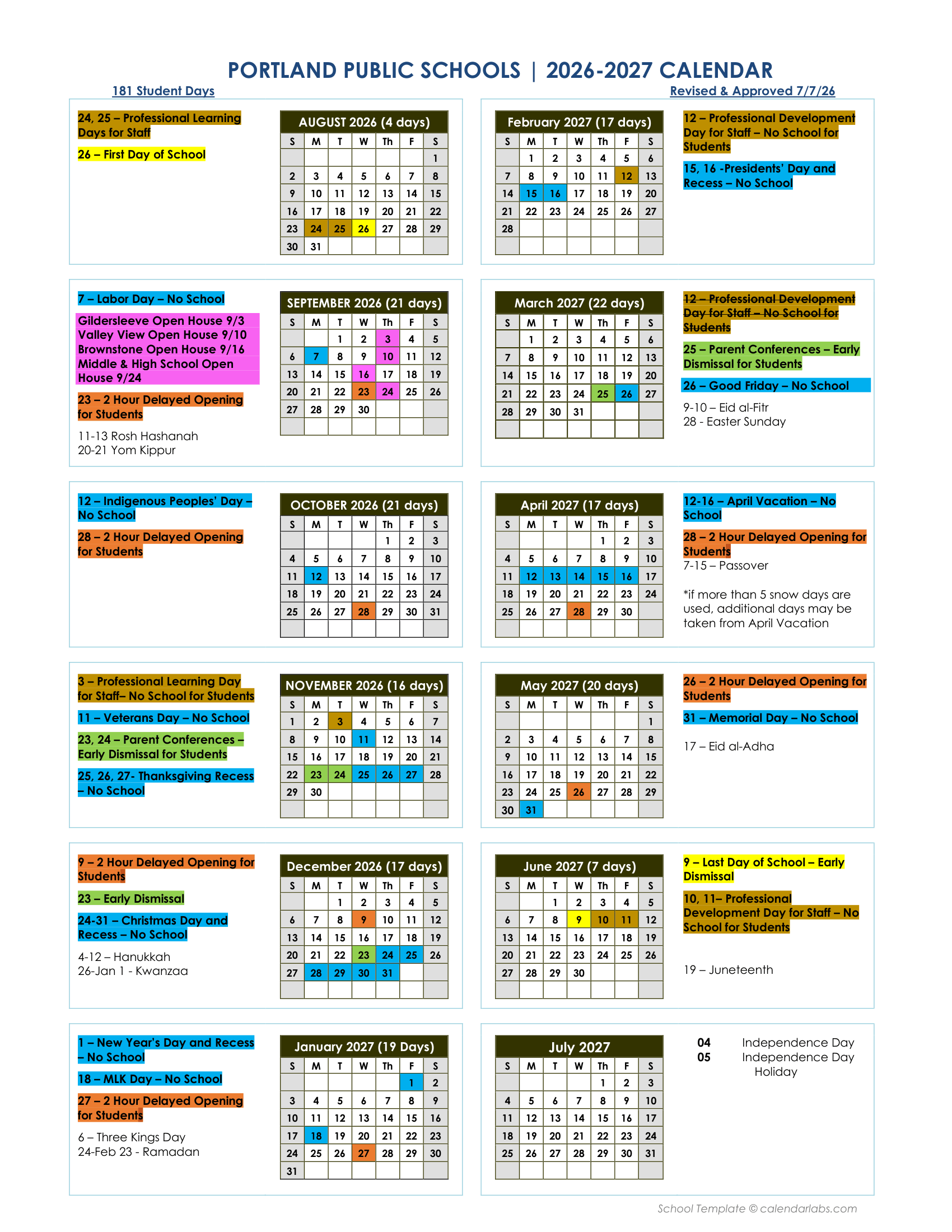 Portland Public Schools CT 2026-27 calendar