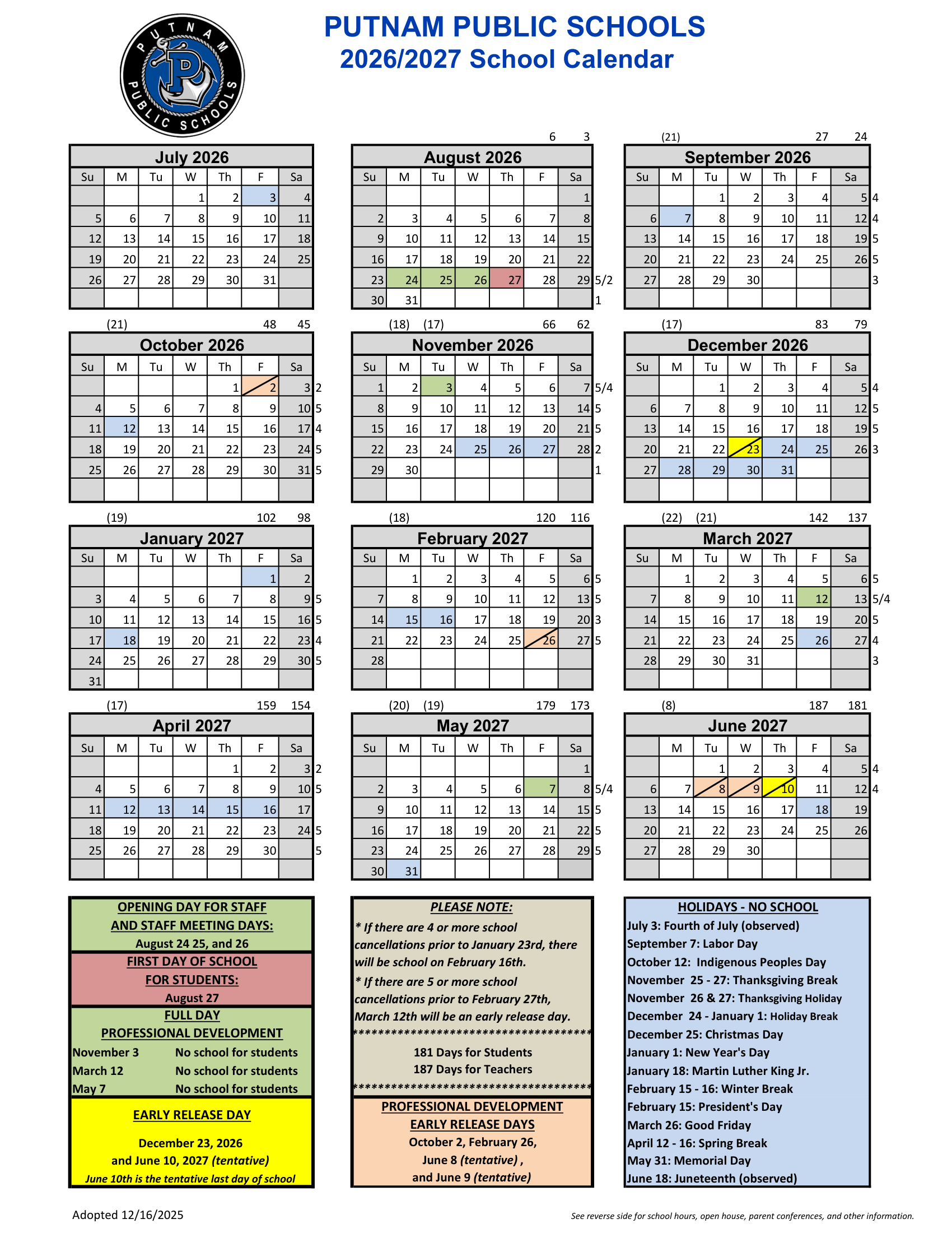 Putnam Public Schools CT 2026-27 calendar page 1