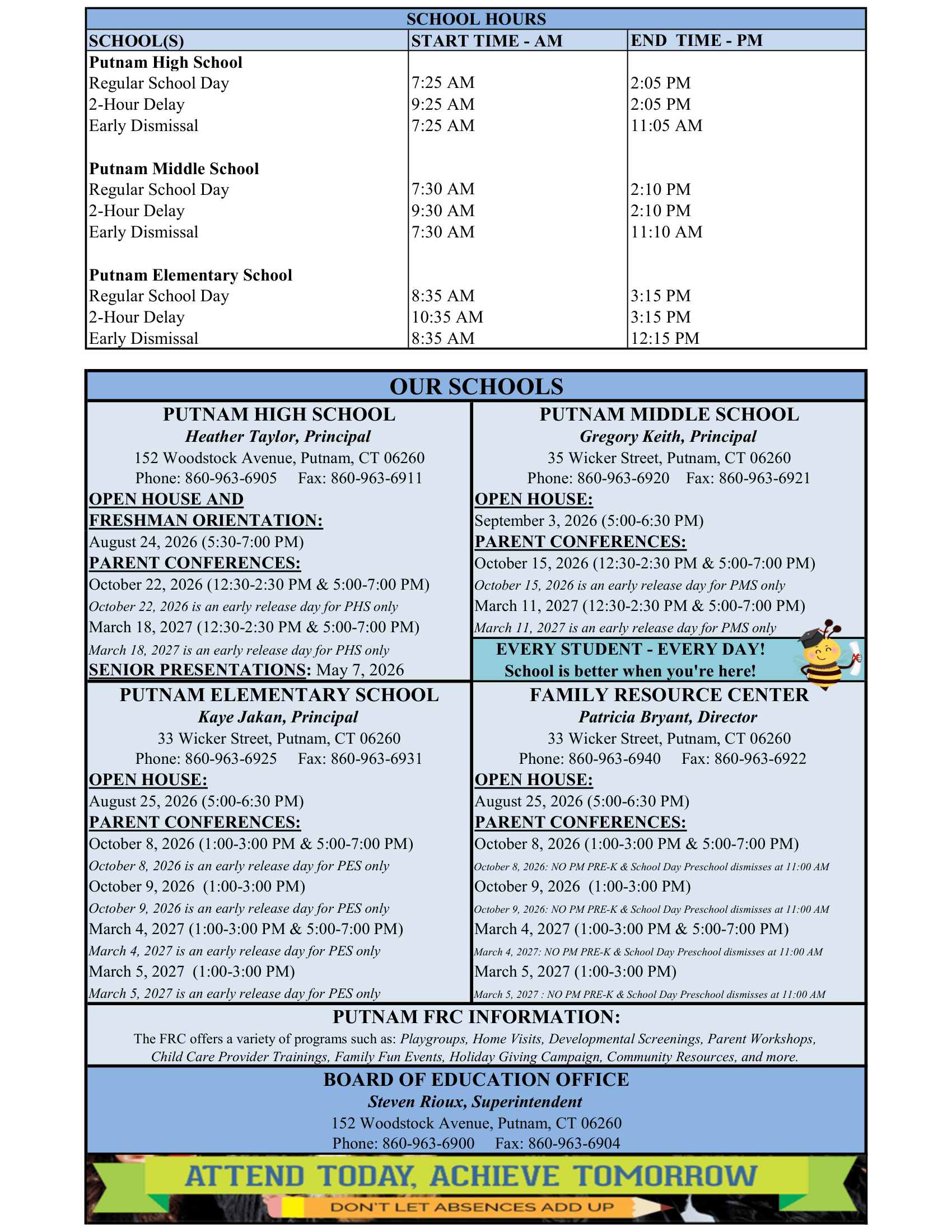Putnam Public Schools CT 2026-27 calendar page 2