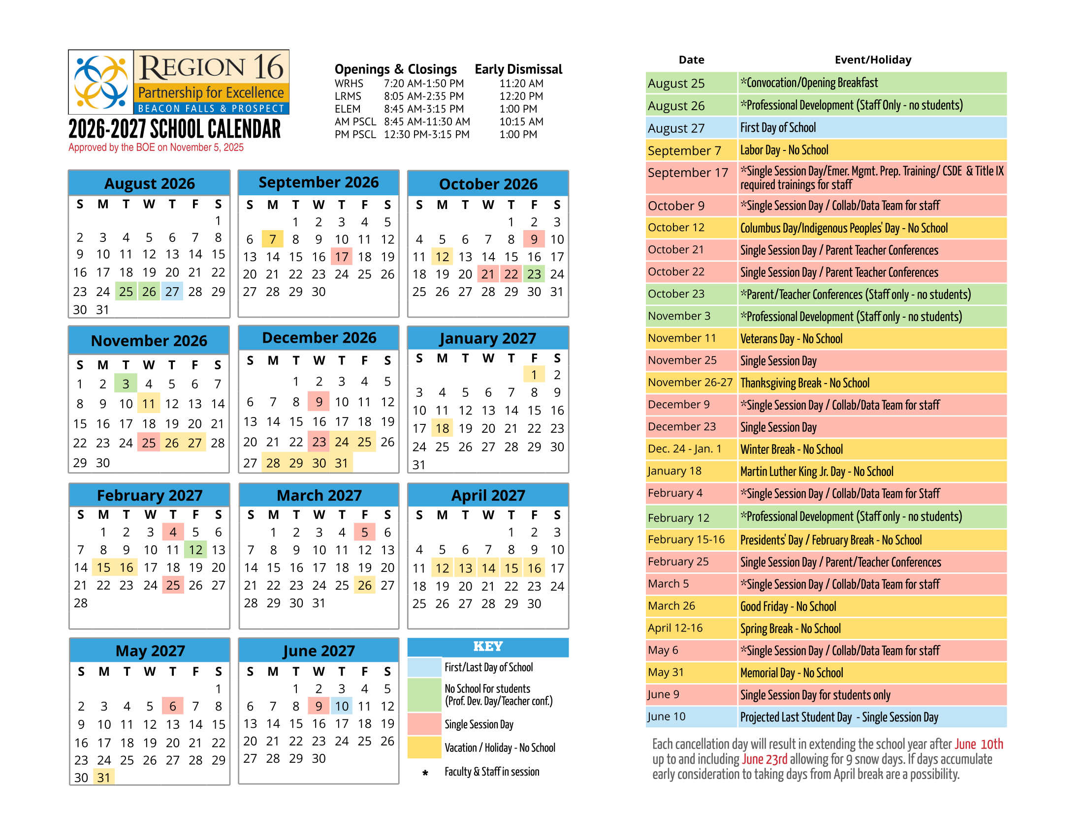 REGION 16 CT 2026-27 calendar
