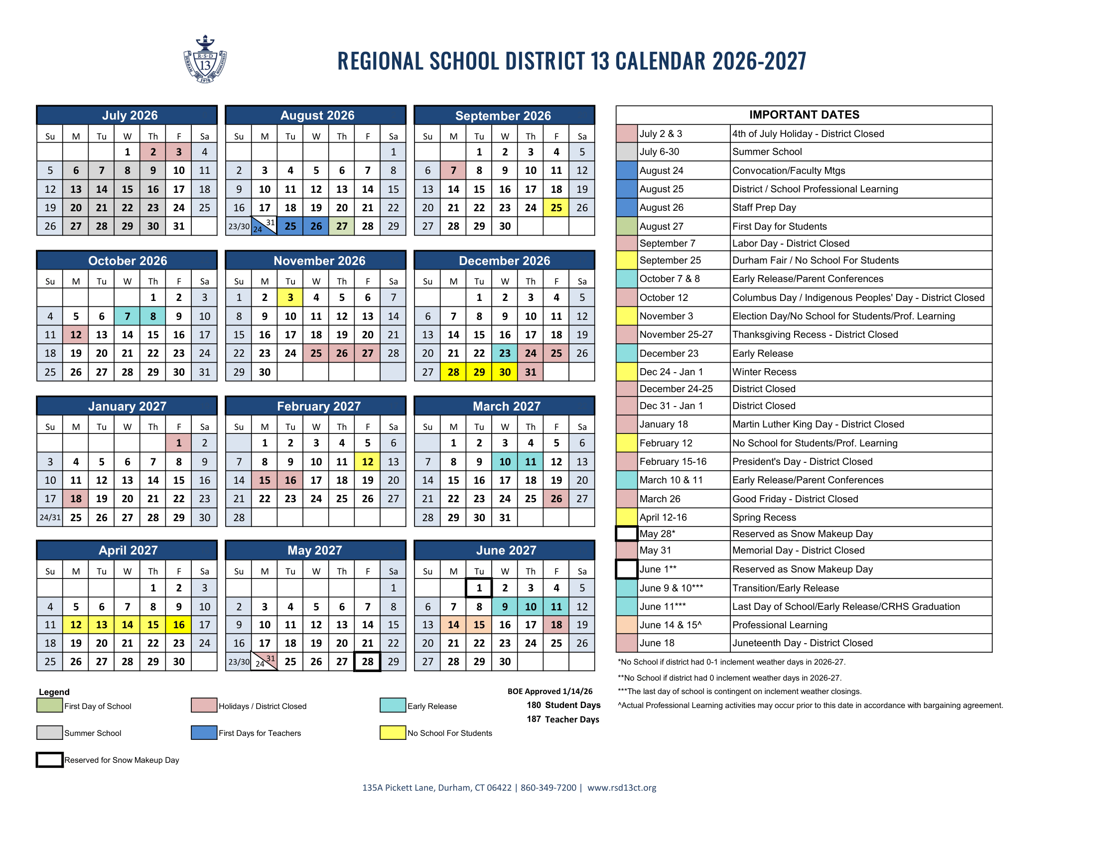 Regional School District 13 CT 2026-27 calendar page 1