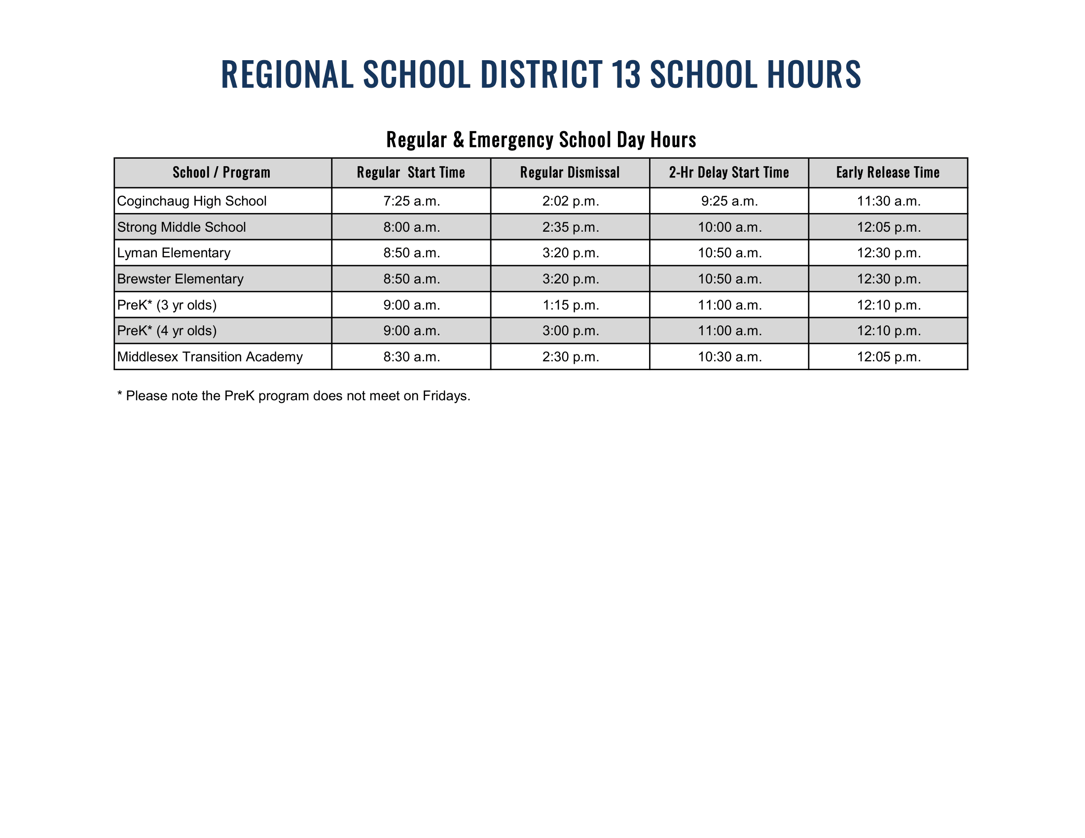 Regional School District 13 CT 2026-27 calendar page 2