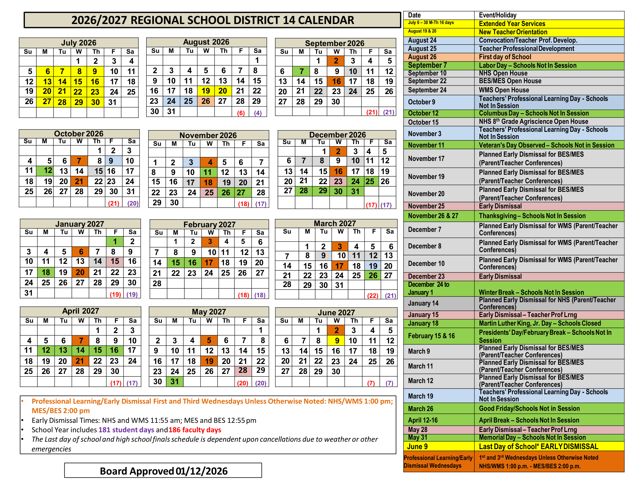 Regional School District 14 CT 2026-27 calendar page 1