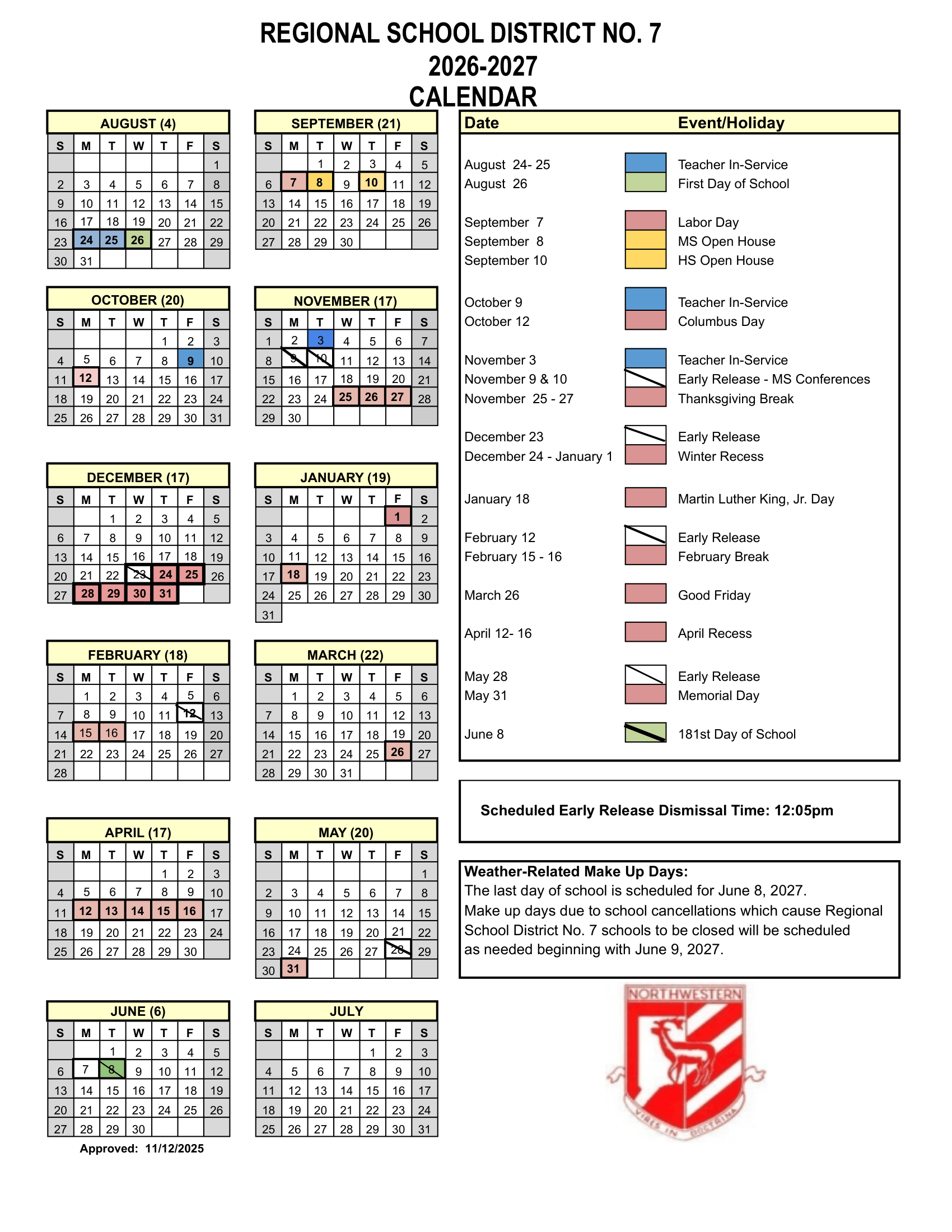 Regional School District No. 7 CT 2026-27 calendar