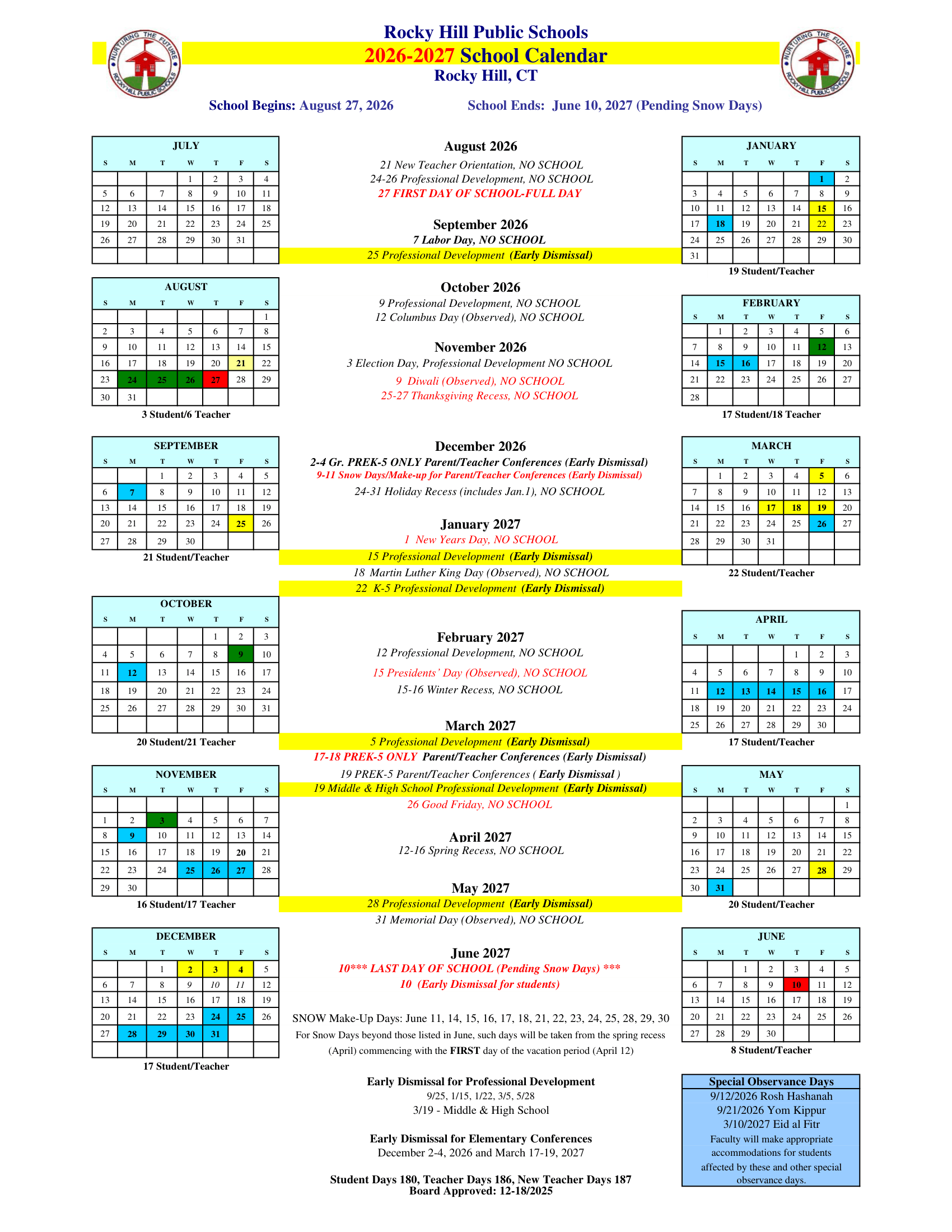 Rocky Hill Public Schools CT 2026-27 calendar