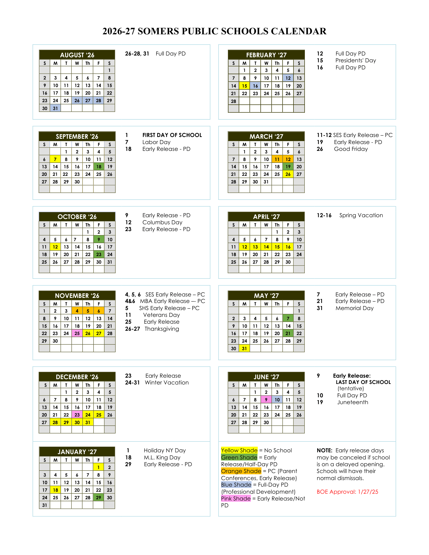 Somers Public Schools CT 2026-27 calendar