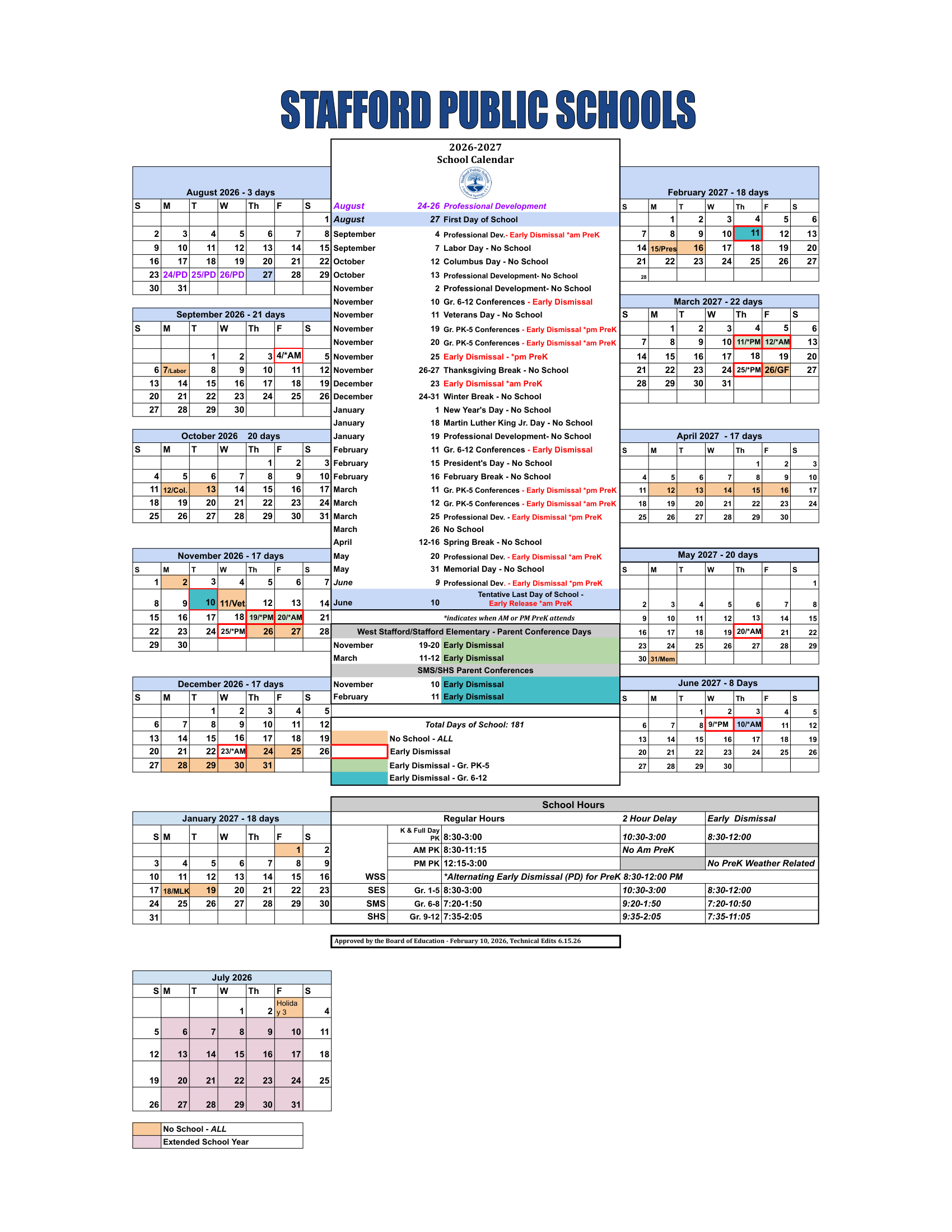 Stafford Public Schools CT 2026-27 calendar
