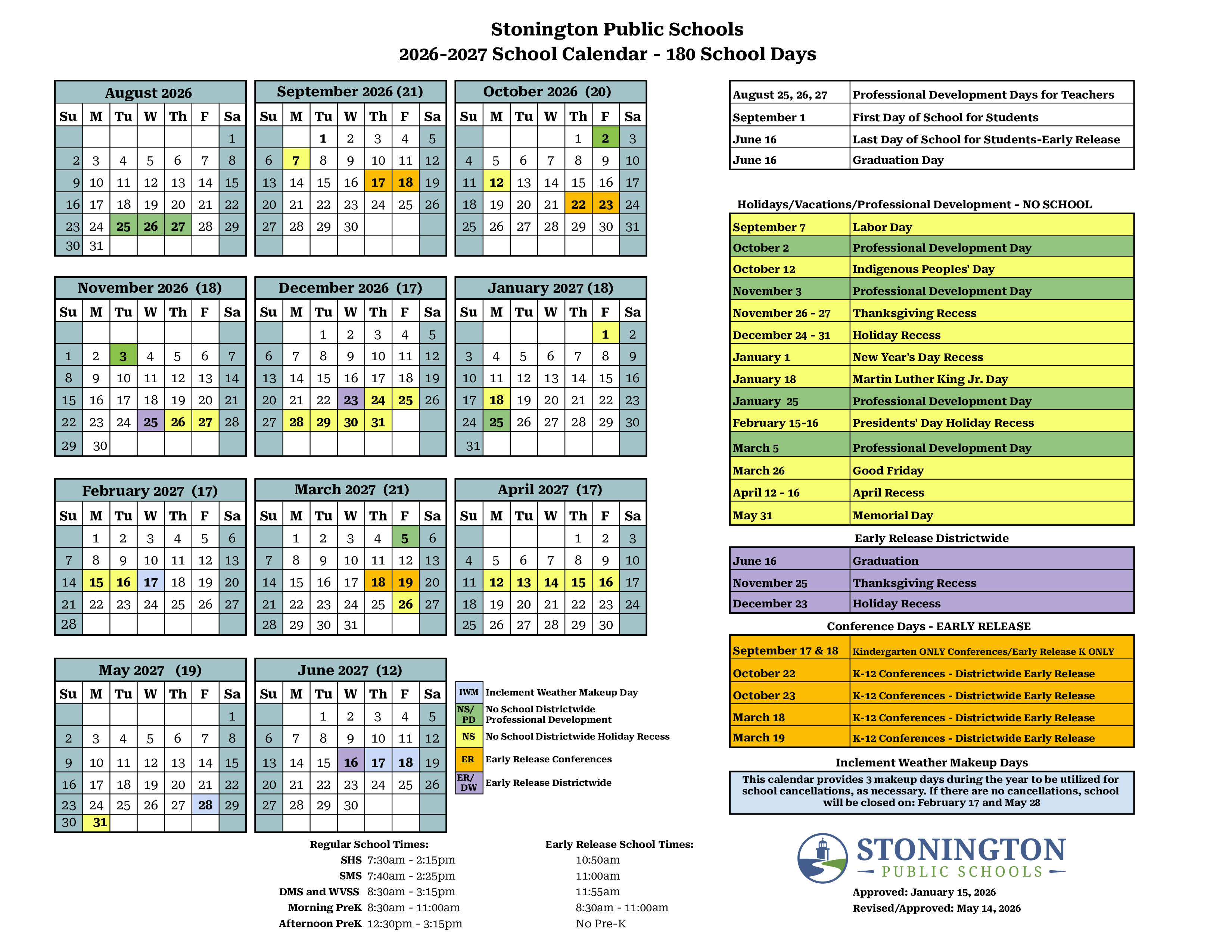 Stonington Public Schools CT 2026-27 calendar