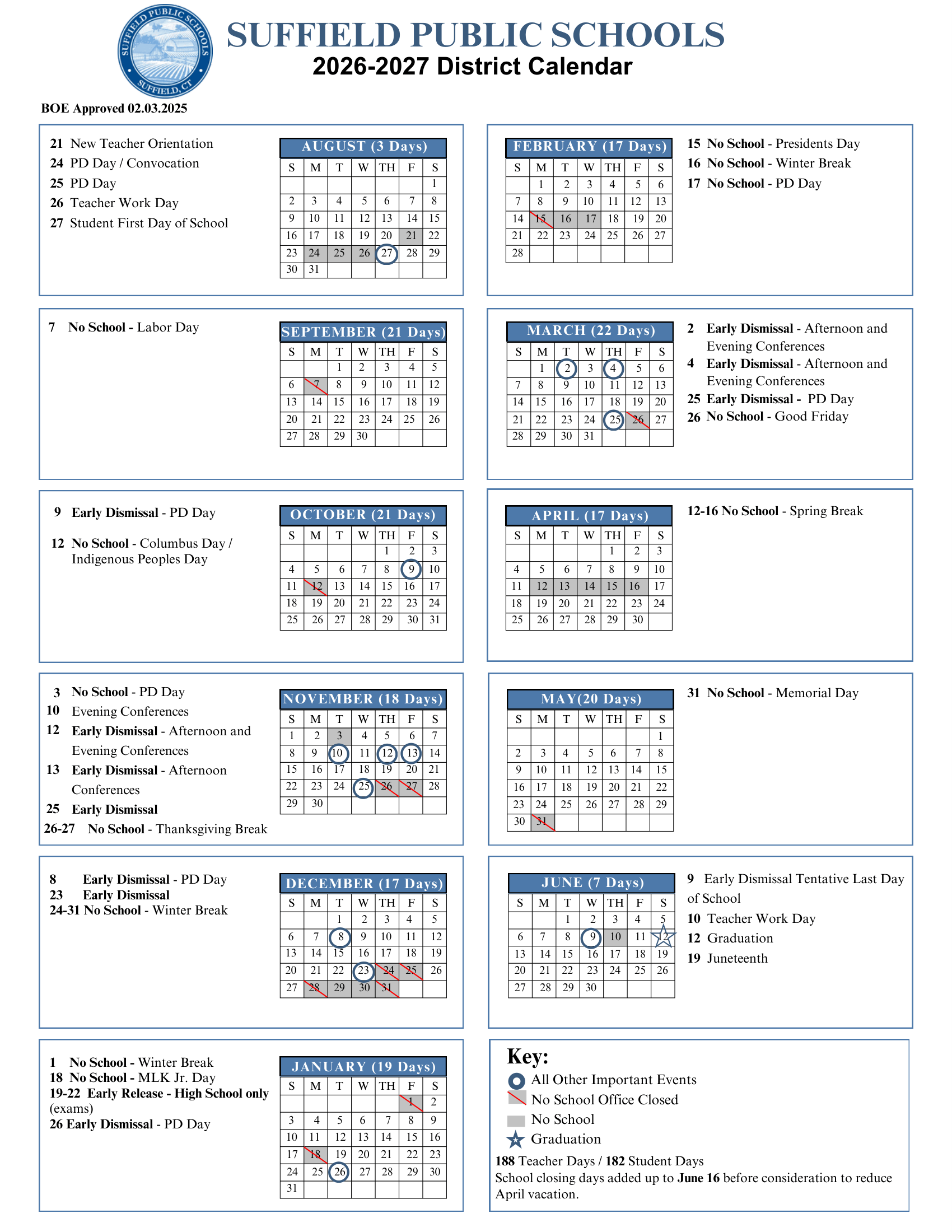 SUFFIELD PUBLIC SCHOOLS CT 2026-27 calendar page 1