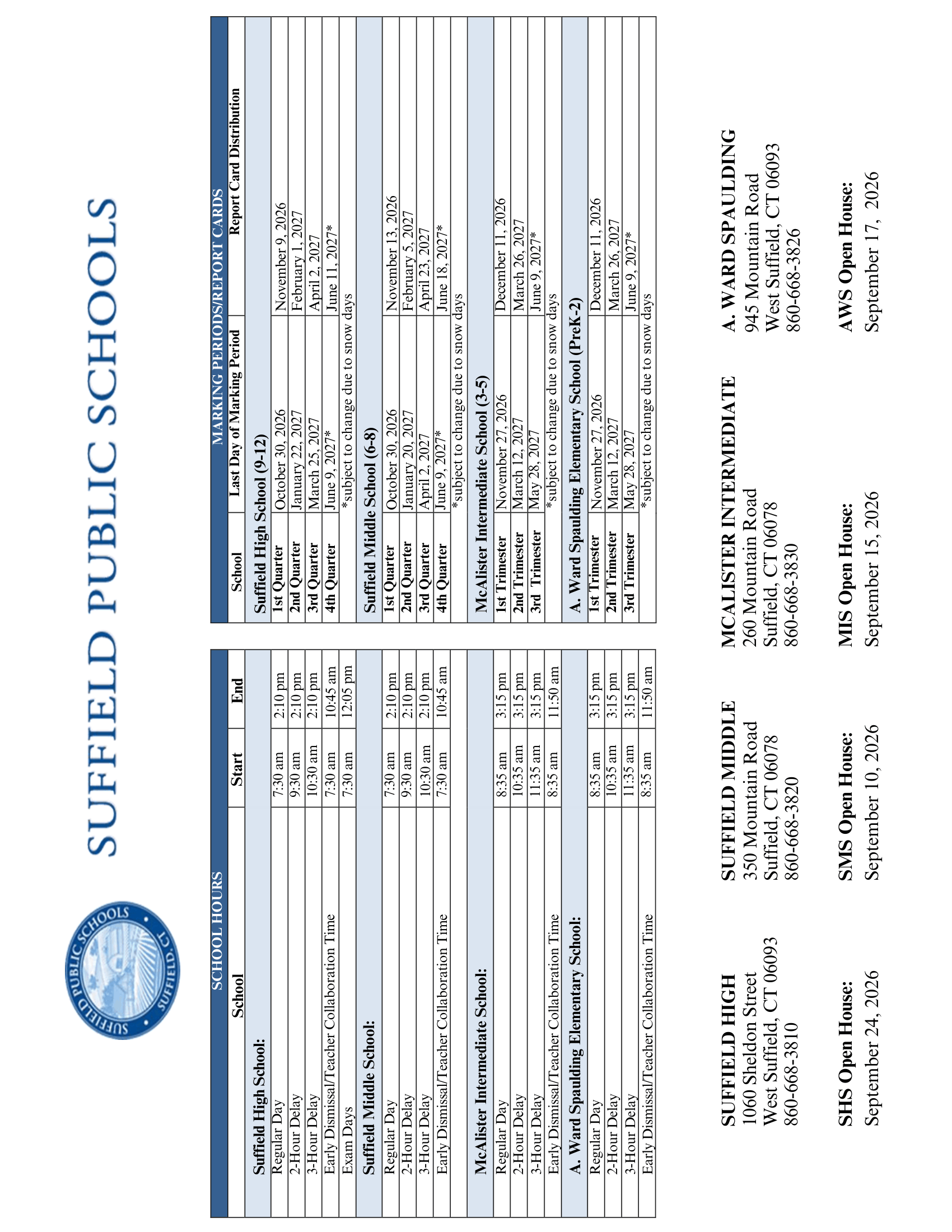 SUFFIELD PUBLIC SCHOOLS CT 2026-27 calendar page 2
