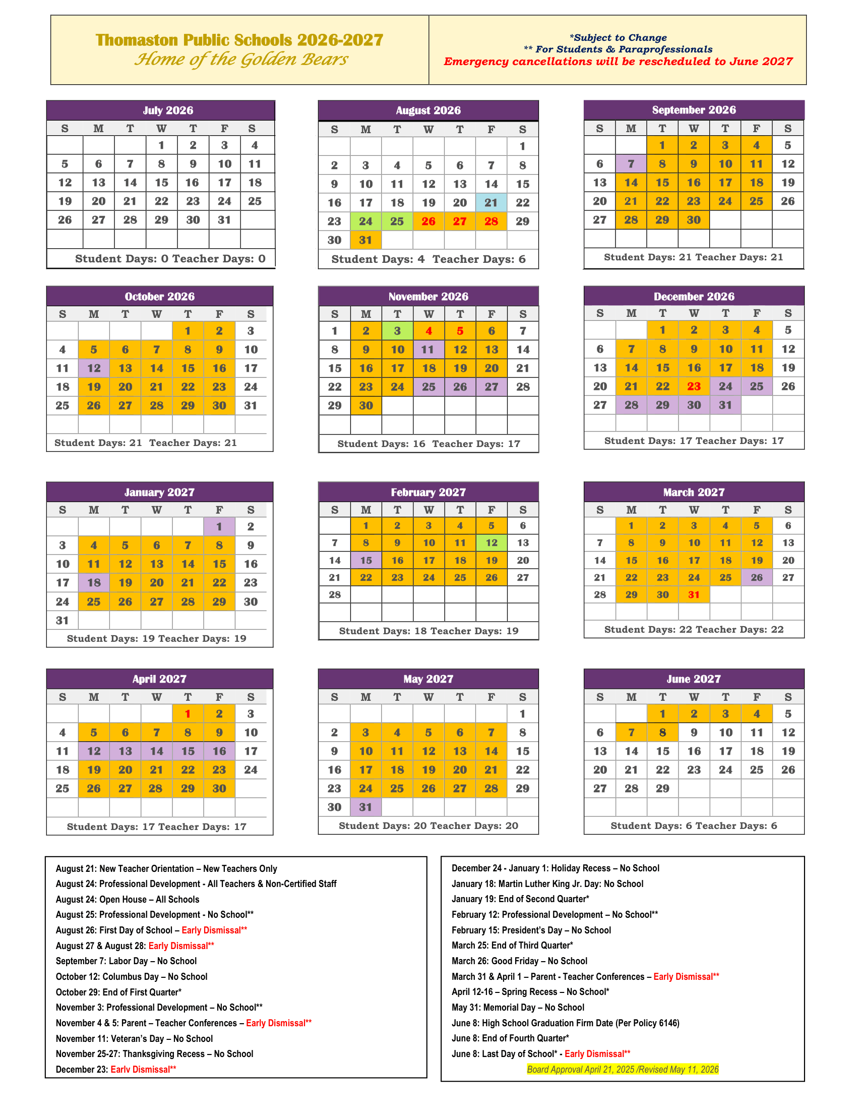 Thomaston Public Schools CT 2026-27 calendar