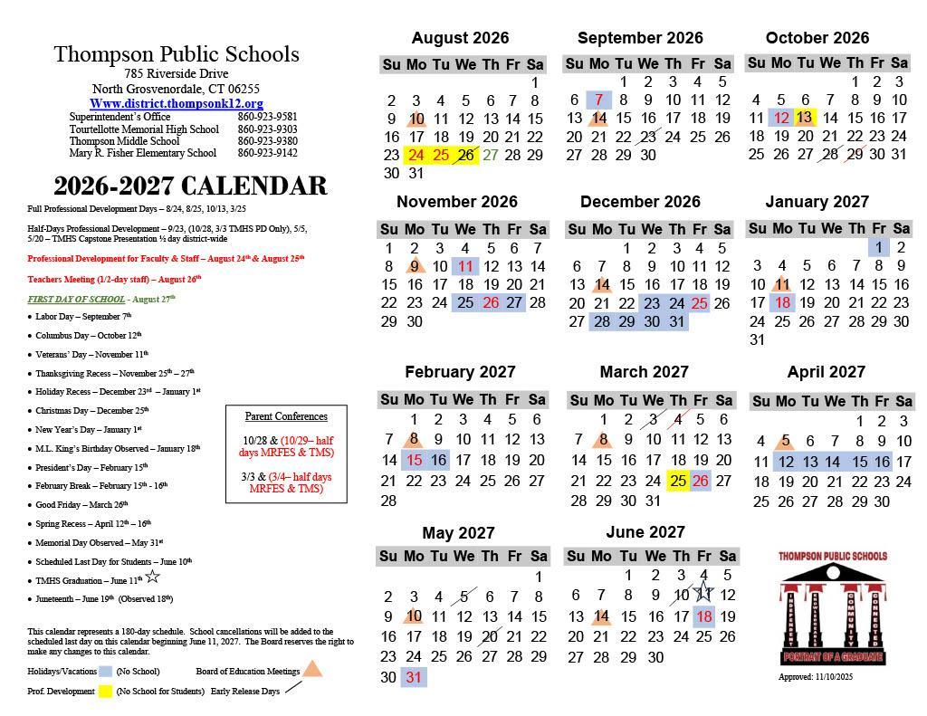 Thompson Public Schools CT 2026-27 calendar page 2