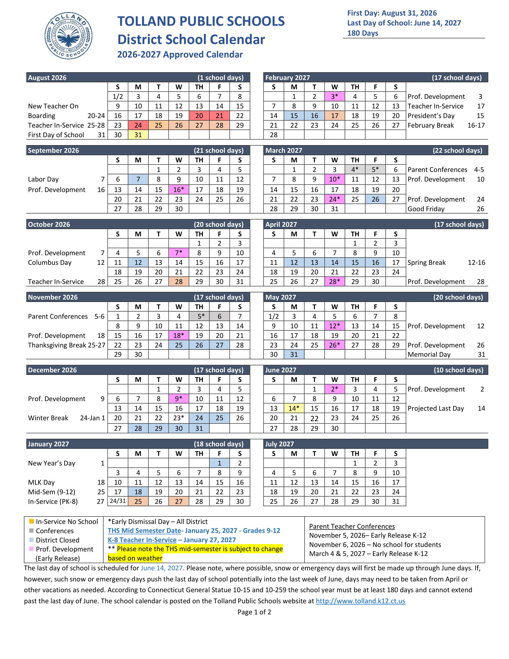 Tolland Public Schools CT 2026-27 calendar page 1