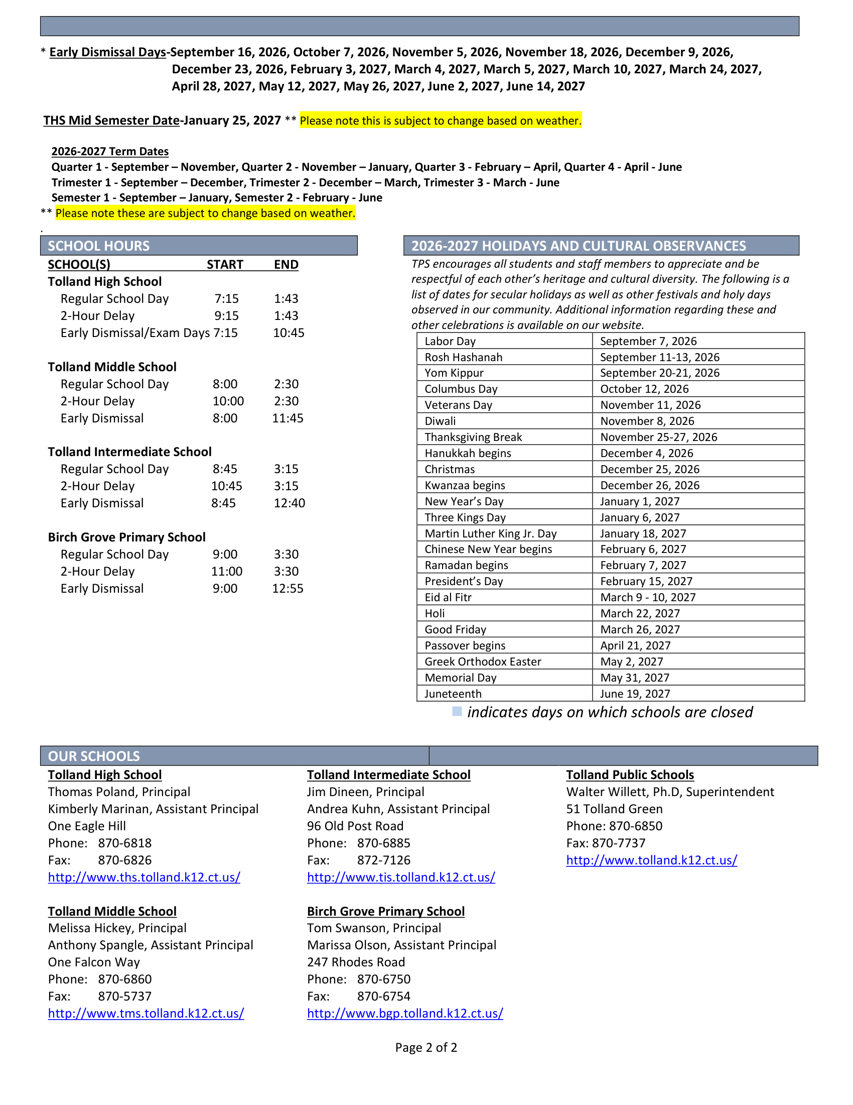 Tolland Public Schools CT 2026-27 calendar page 2