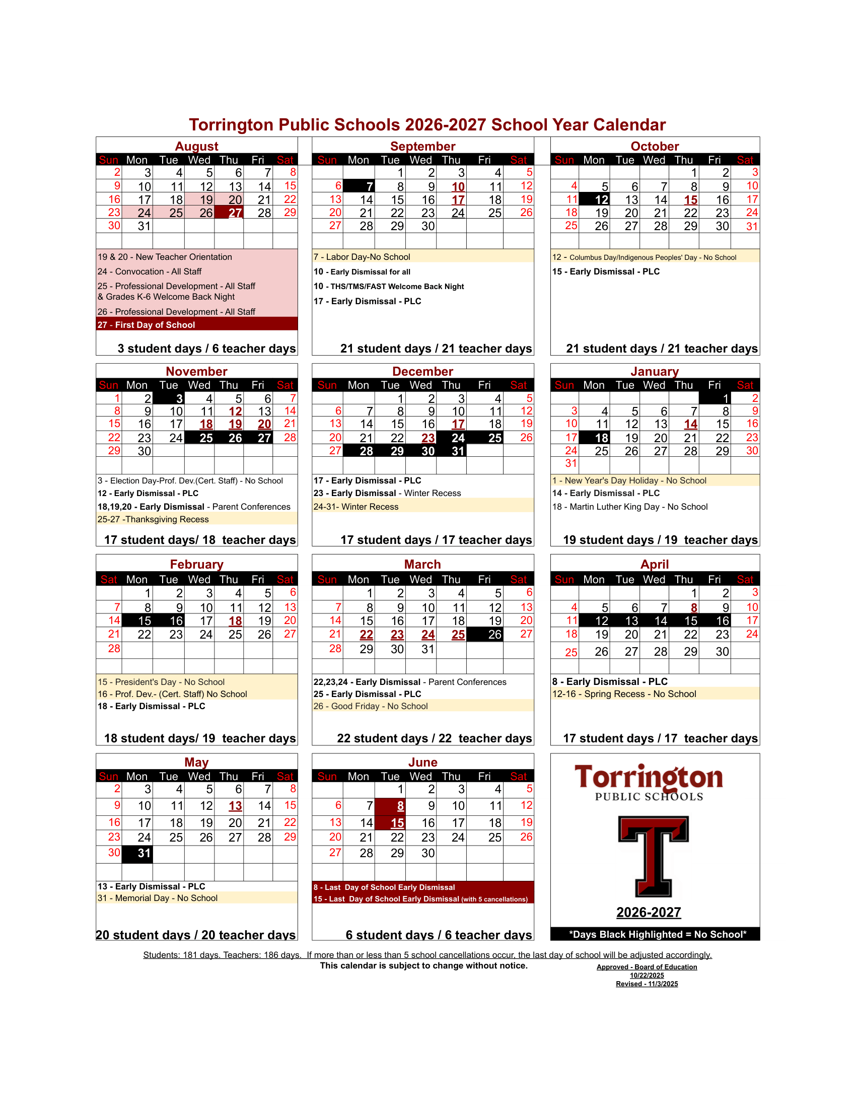 Torrington Public Schools calendar thumbnail