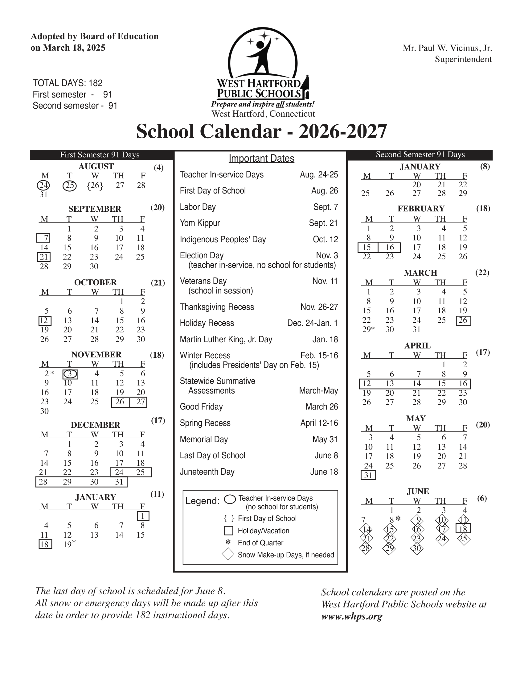 West Hartford Public Schools CT 2026-27 calendar