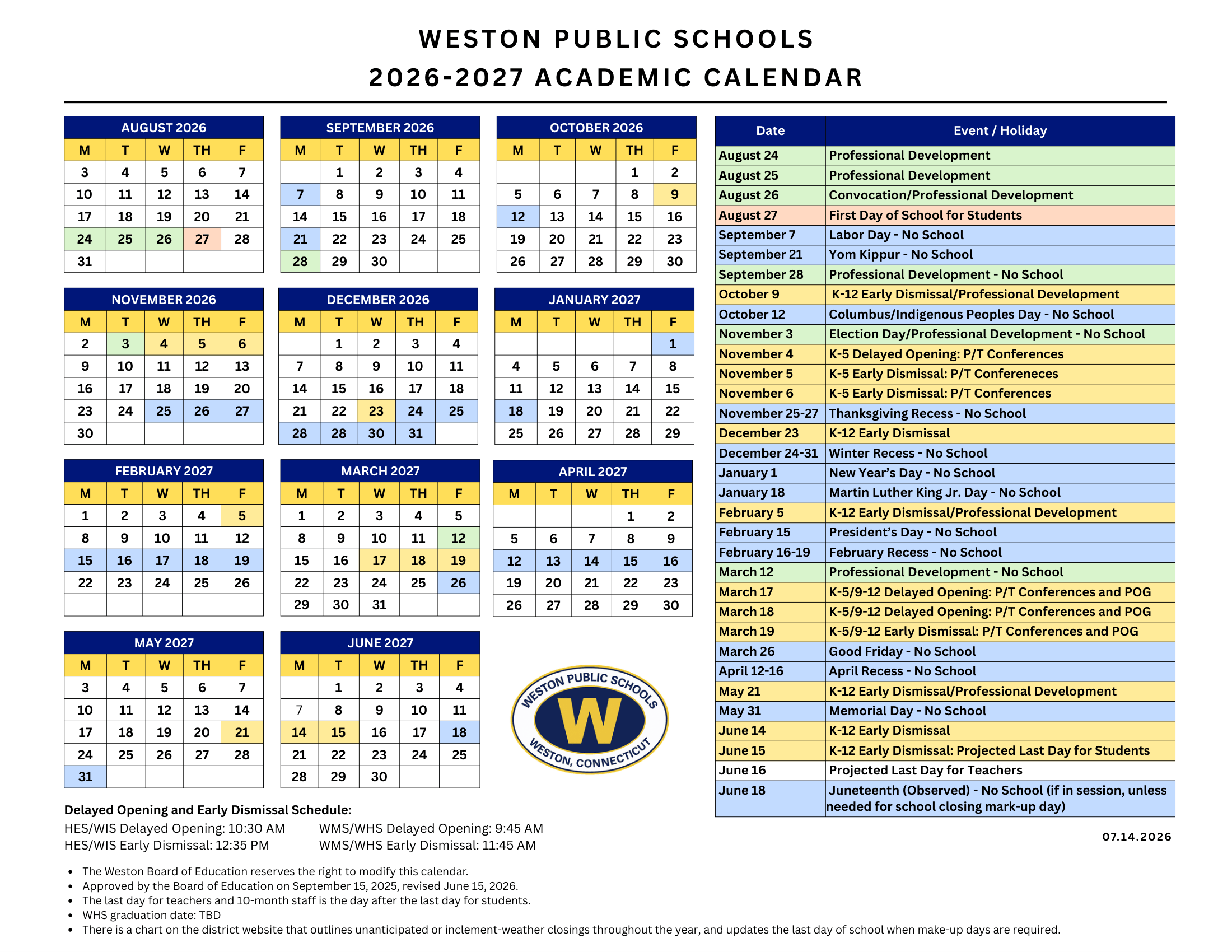 Weston Public Schools CT 2026-27 calendar