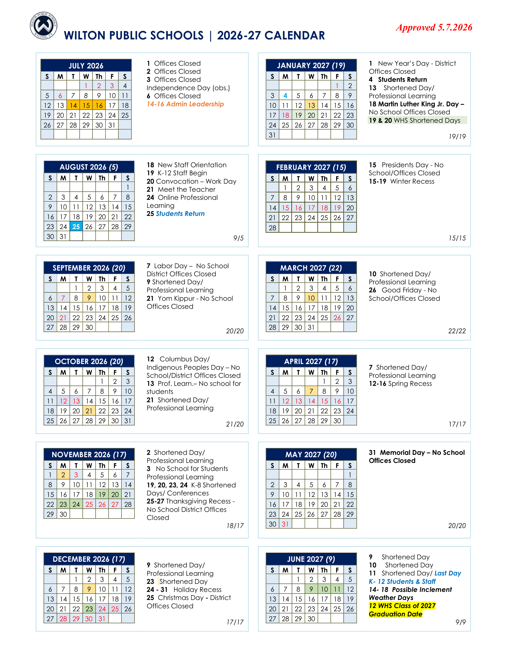 Wilton Public Schools CT 2026-27 calendar page 1