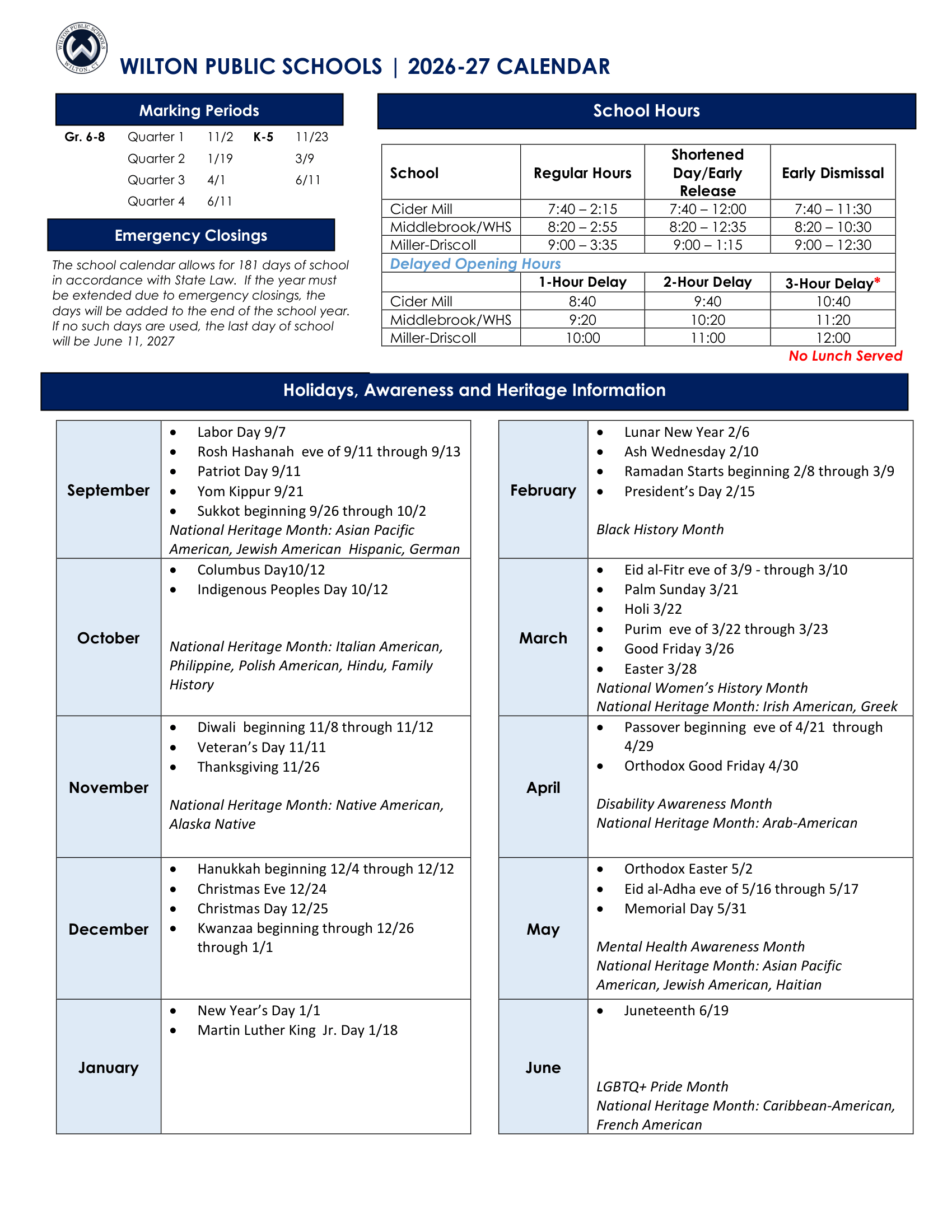 Wilton Public Schools CT 2026-27 calendar page 2