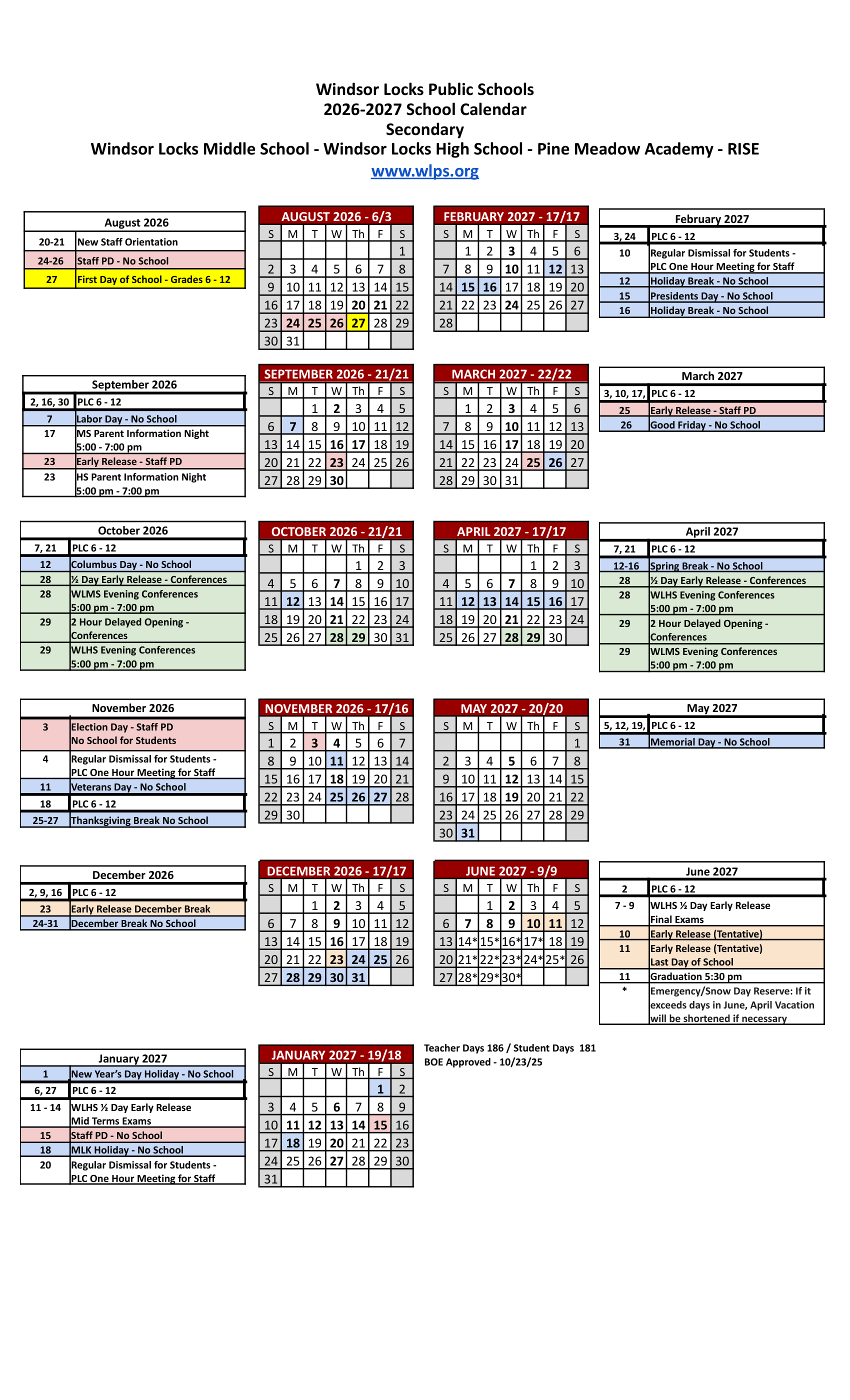 Windsor Locks Public Schools CT 2026-27 calendar page 2