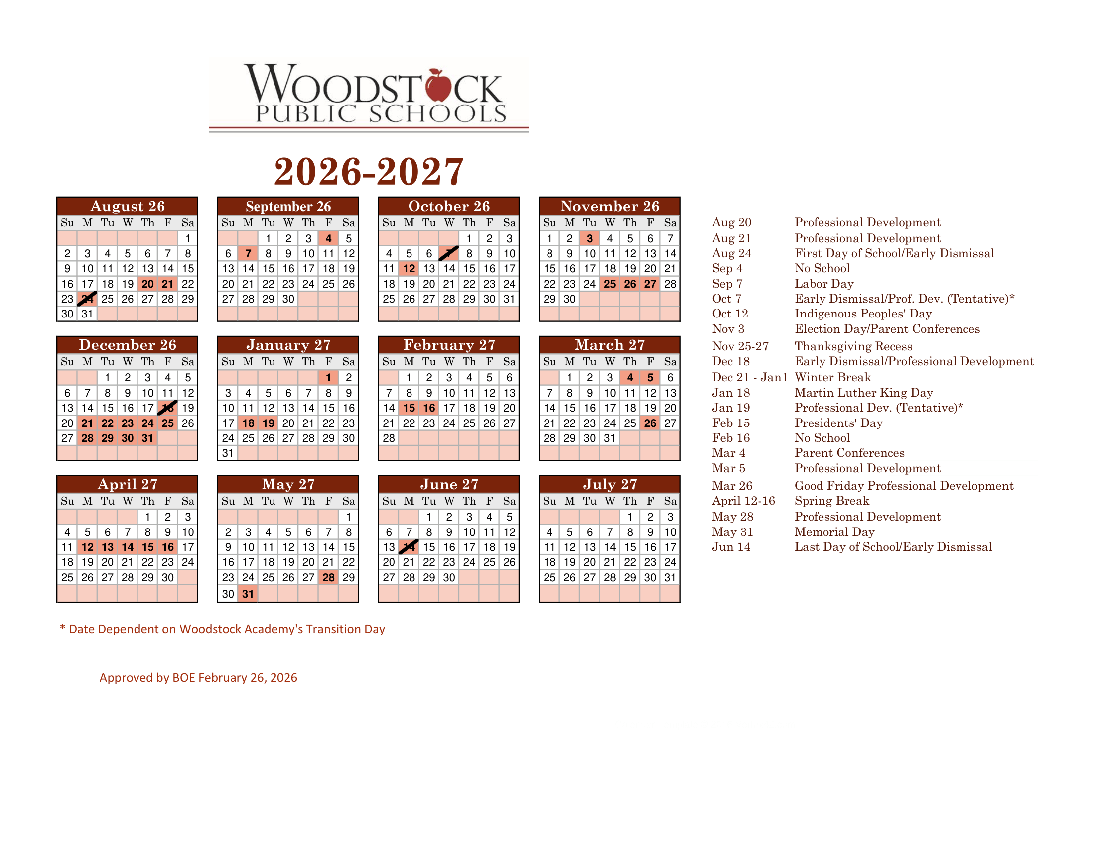 Woodstock Public Schools CT 2026-27 calendar