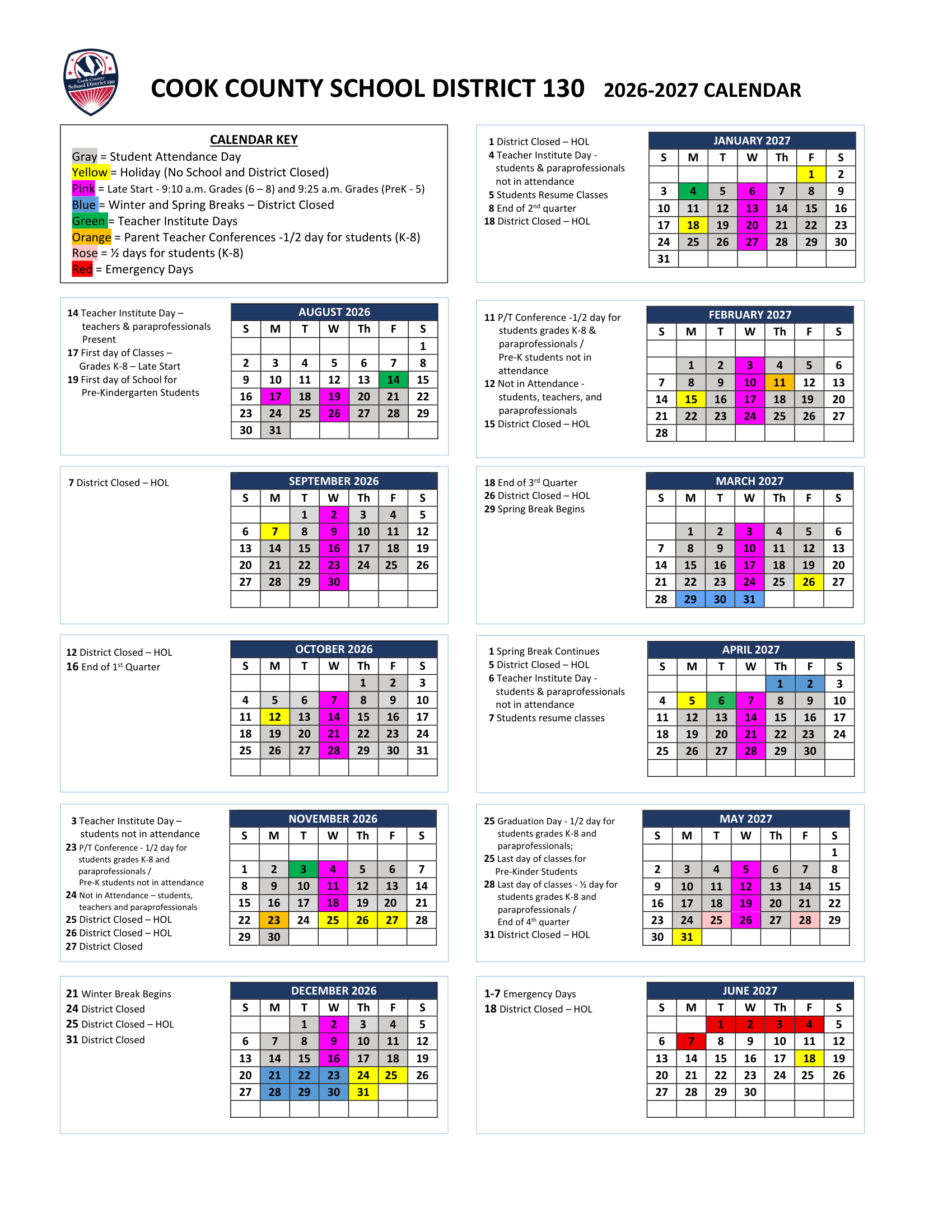 Cook County School District 130 calendar thumbnail