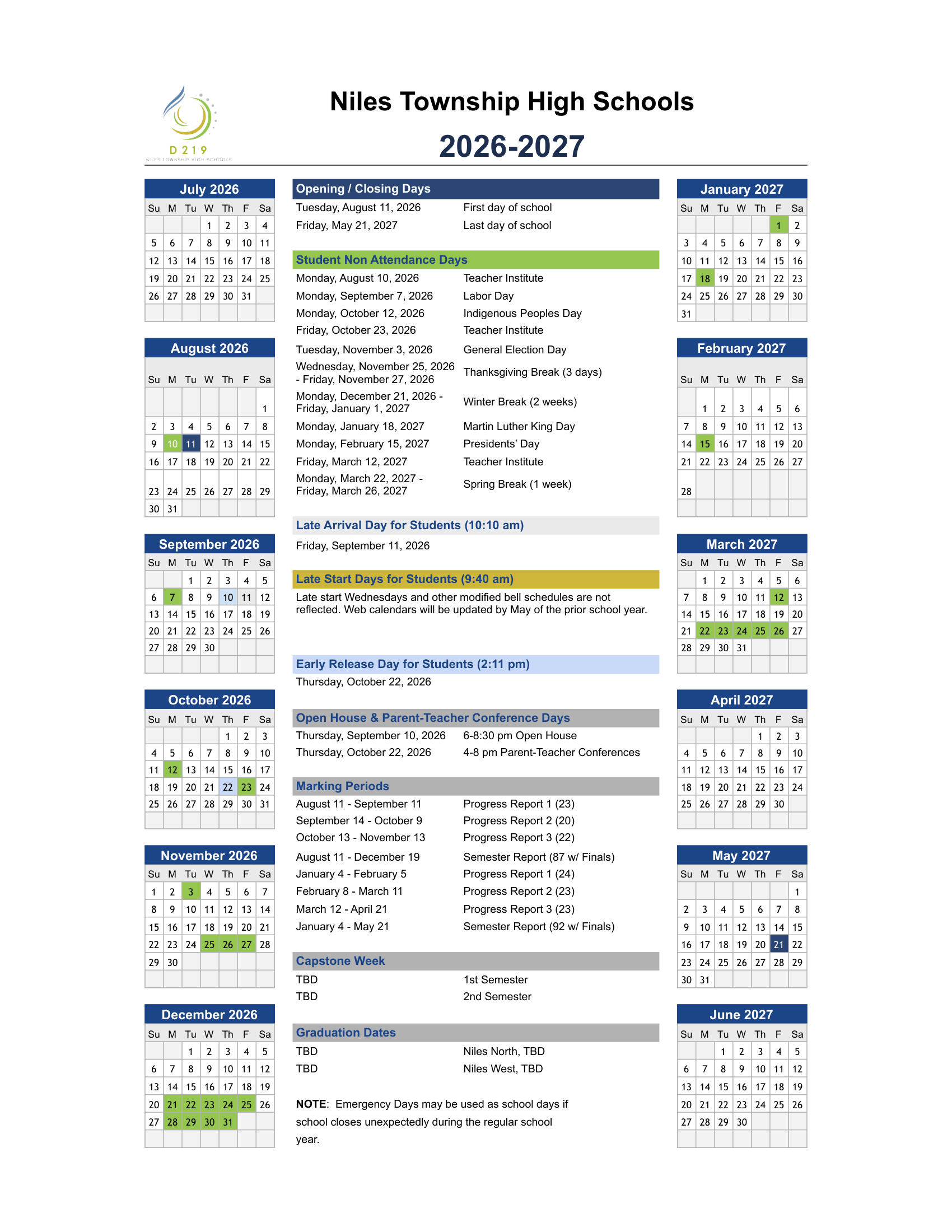 Niles Township High Schools calendar thumbnail