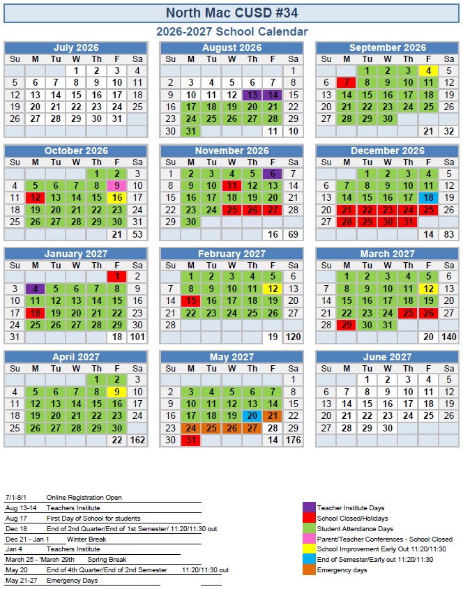 North Mac CUSD #34 IL 2026-27 calendar page 2