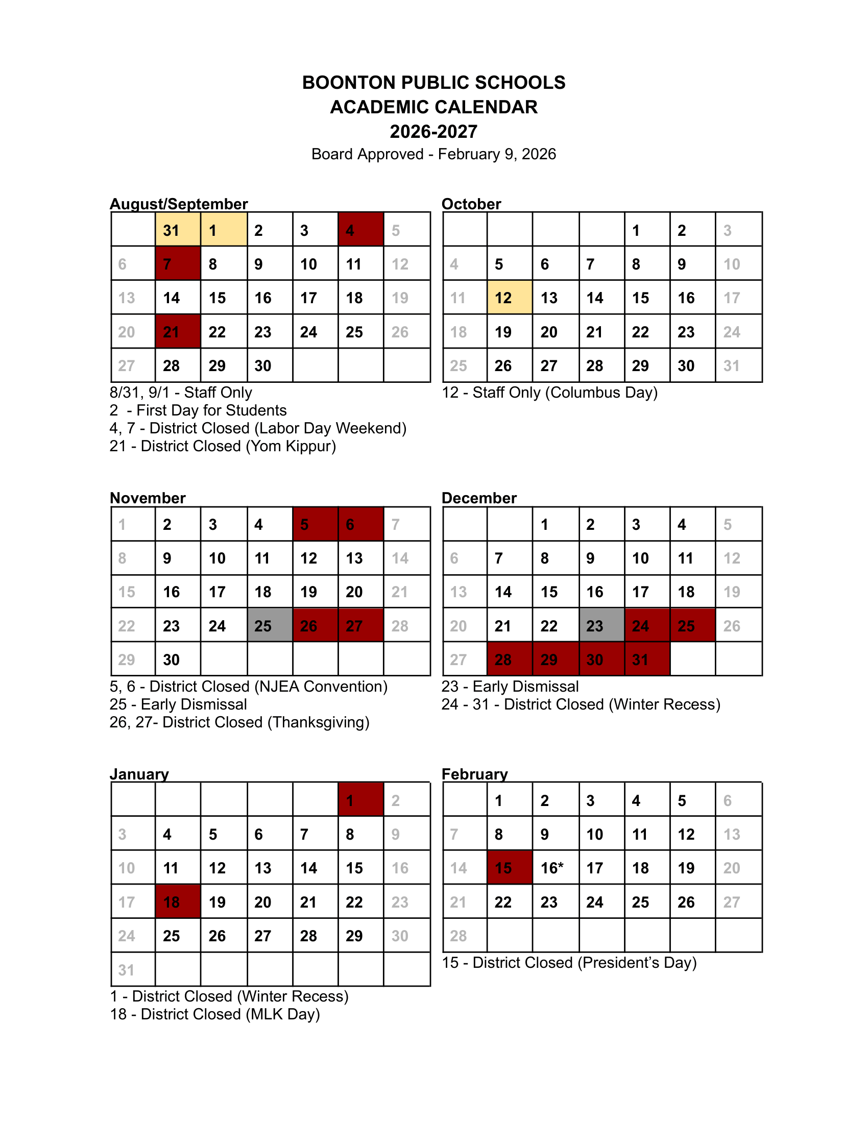 BOONTON PUBLIC SCHOOLS NJ 2026-27 calendar page 1