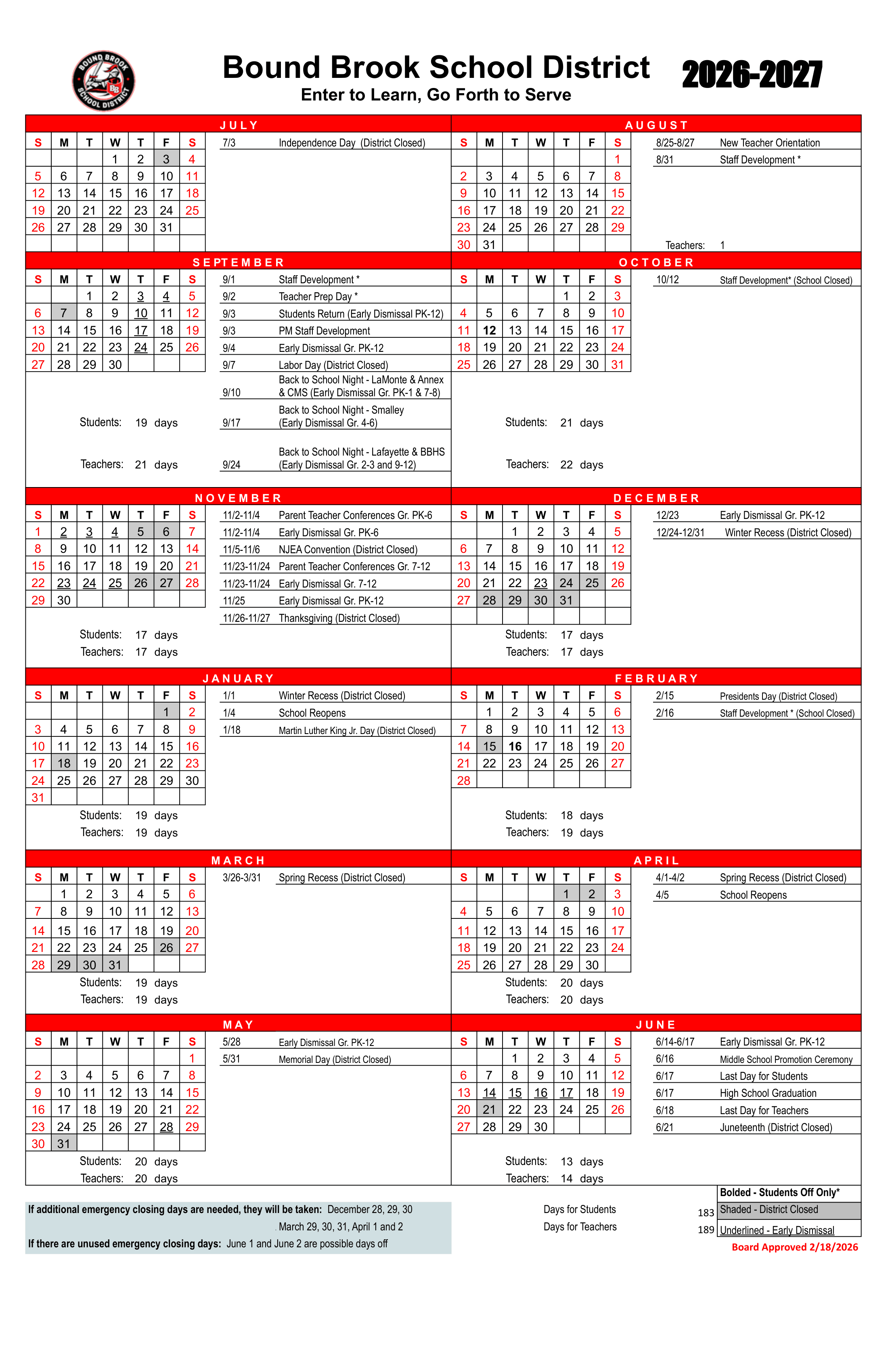 Bound Brook School District NJ 2026-27 calendar