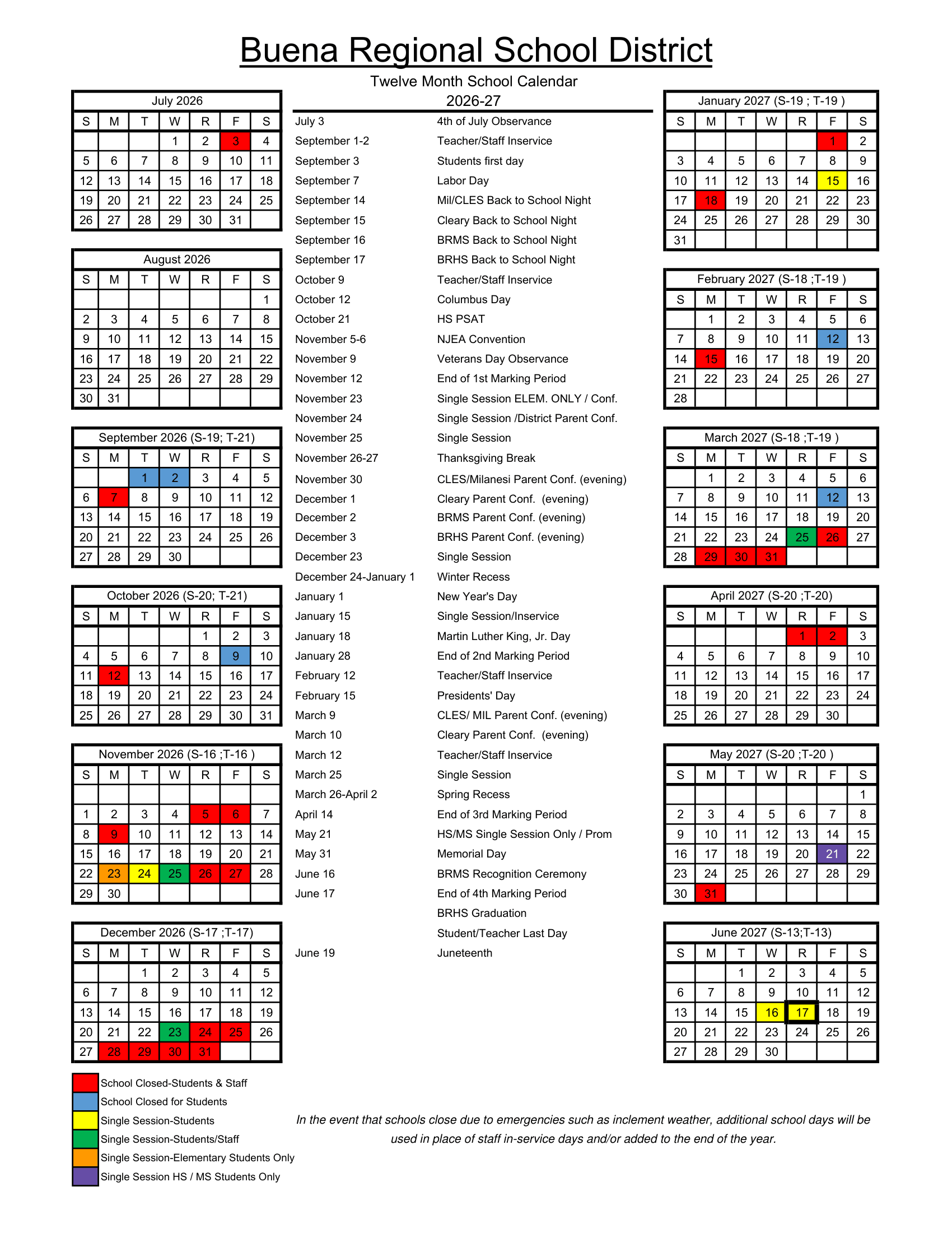Buena Regional School District NJ 2026-27 calendar