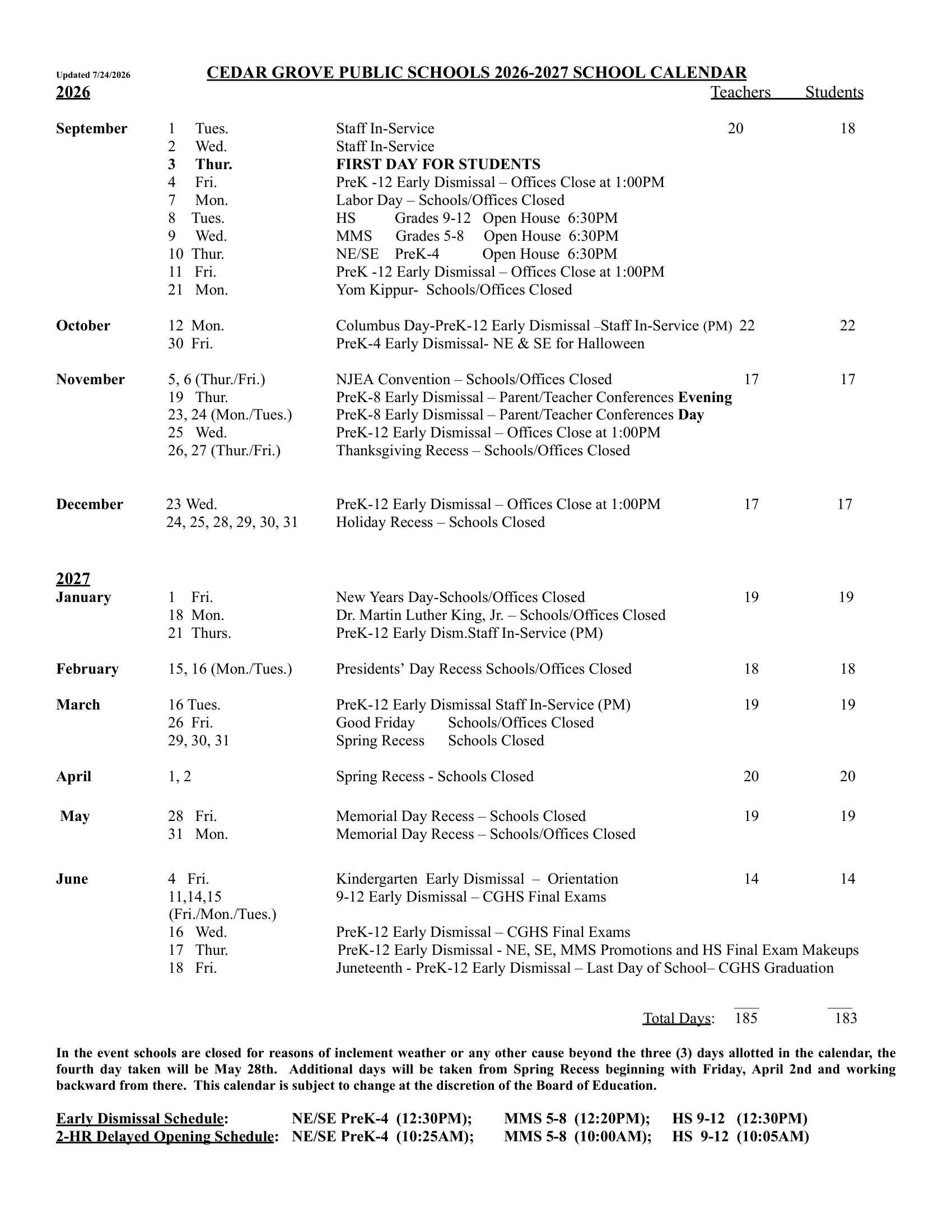 CEDAR GROVE PUBLIC SCHOOLS NJ 2026-27 calendar
