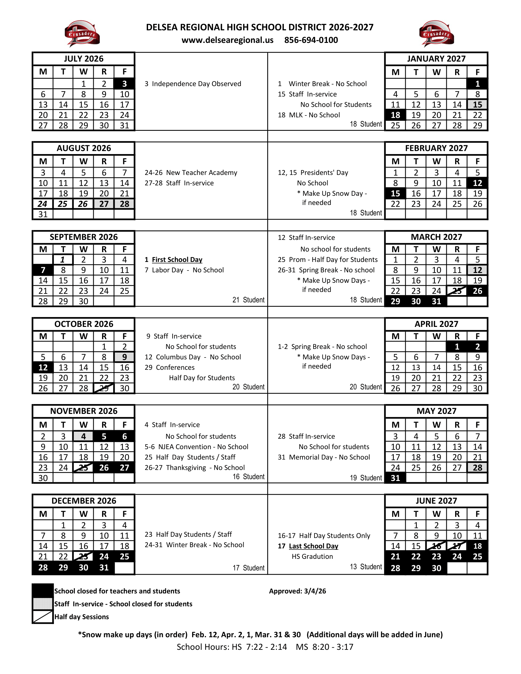 DELSEA REGIONAL HIGH SCHOOL DISTRICT NJ 2026-27 calendar