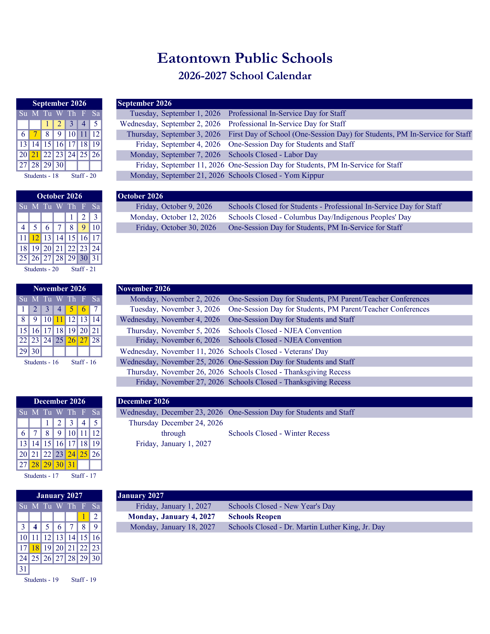 Eatontown Public Schools NJ 2026-27 calendar page 2