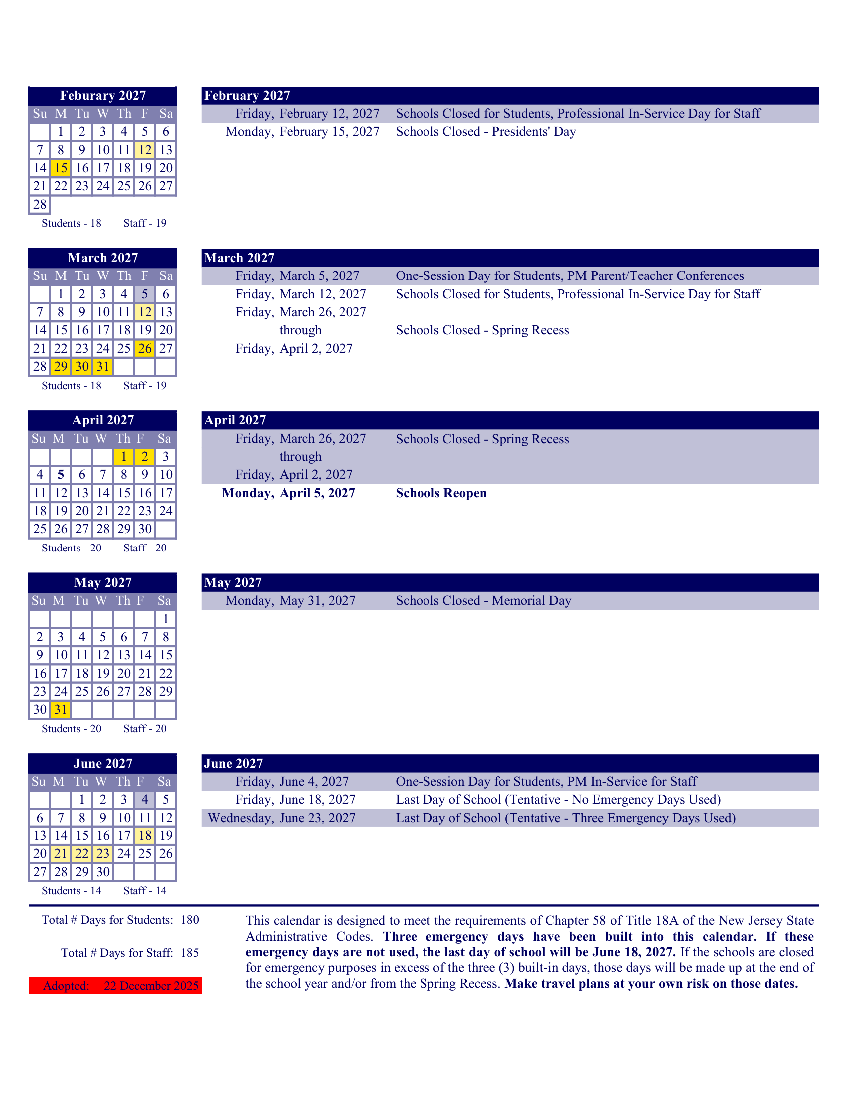 Eatontown Public Schools NJ 2026-27 calendar page 3