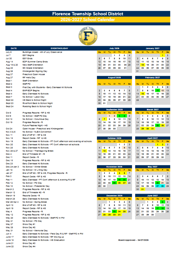 Florence Township School District NJ 2026-27 calendar page 2