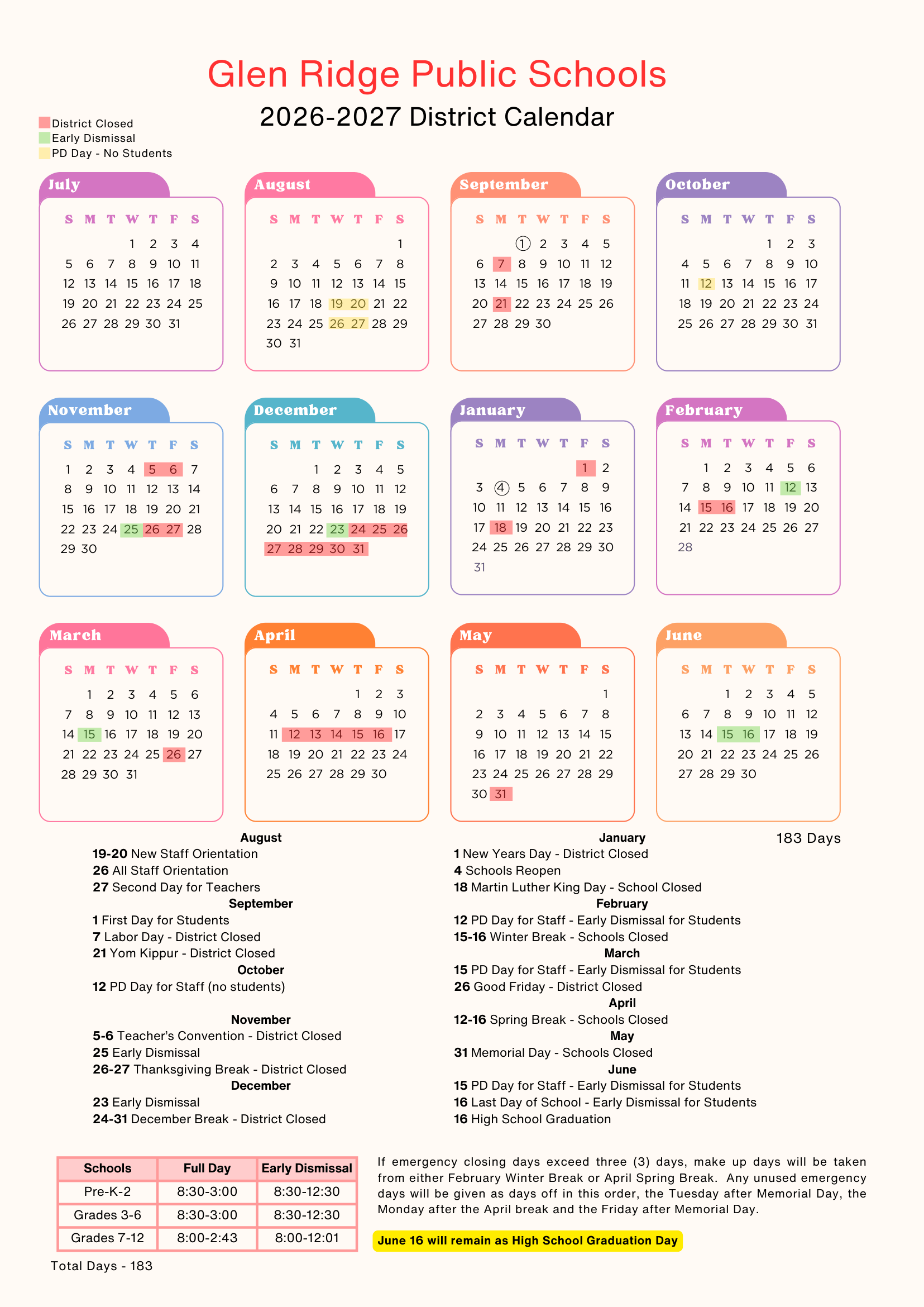 Glen Ridge Public Schools NJ 2026-27 calendar
