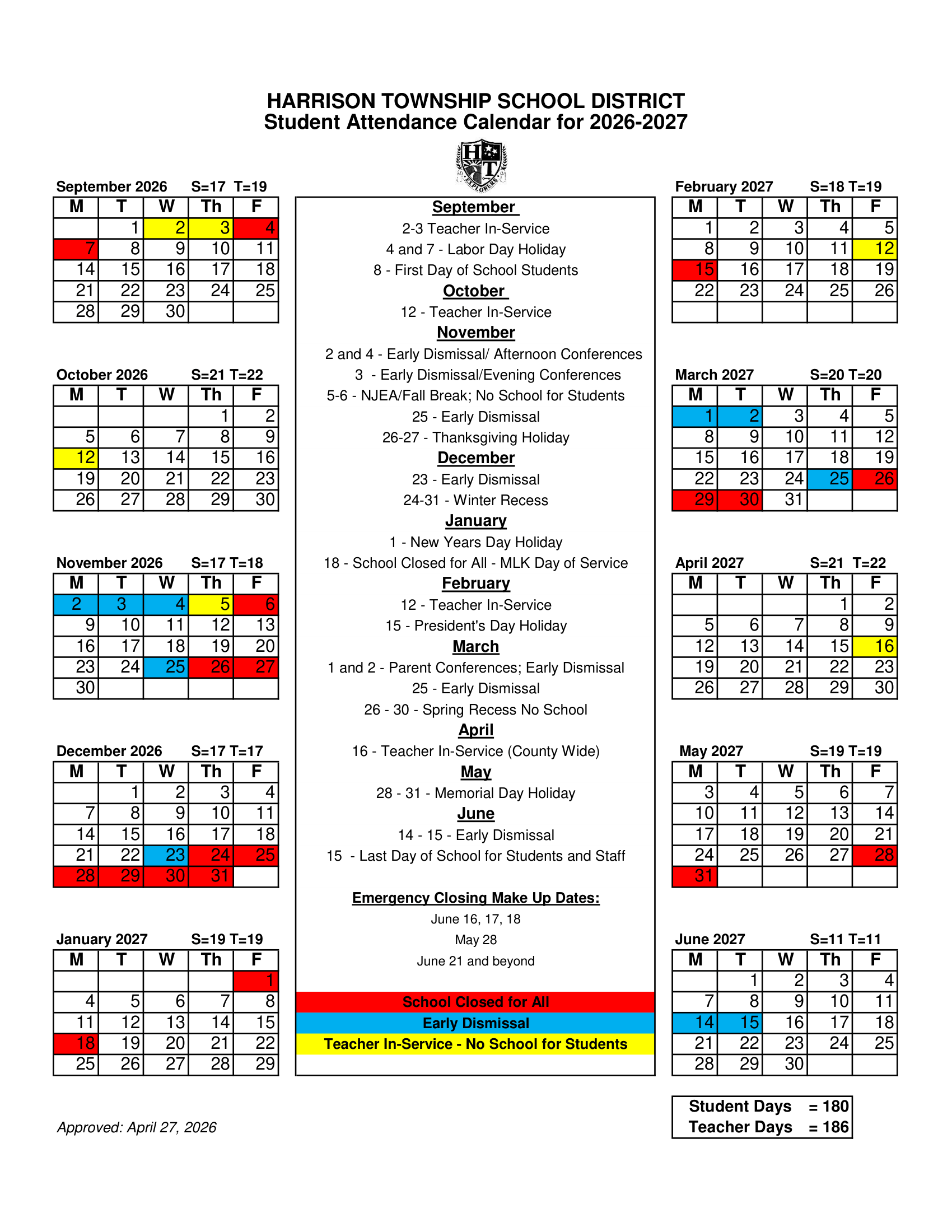 HARRISON TOWNSHIP SCHOOL DISTRICT NJ 2026-27 calendar