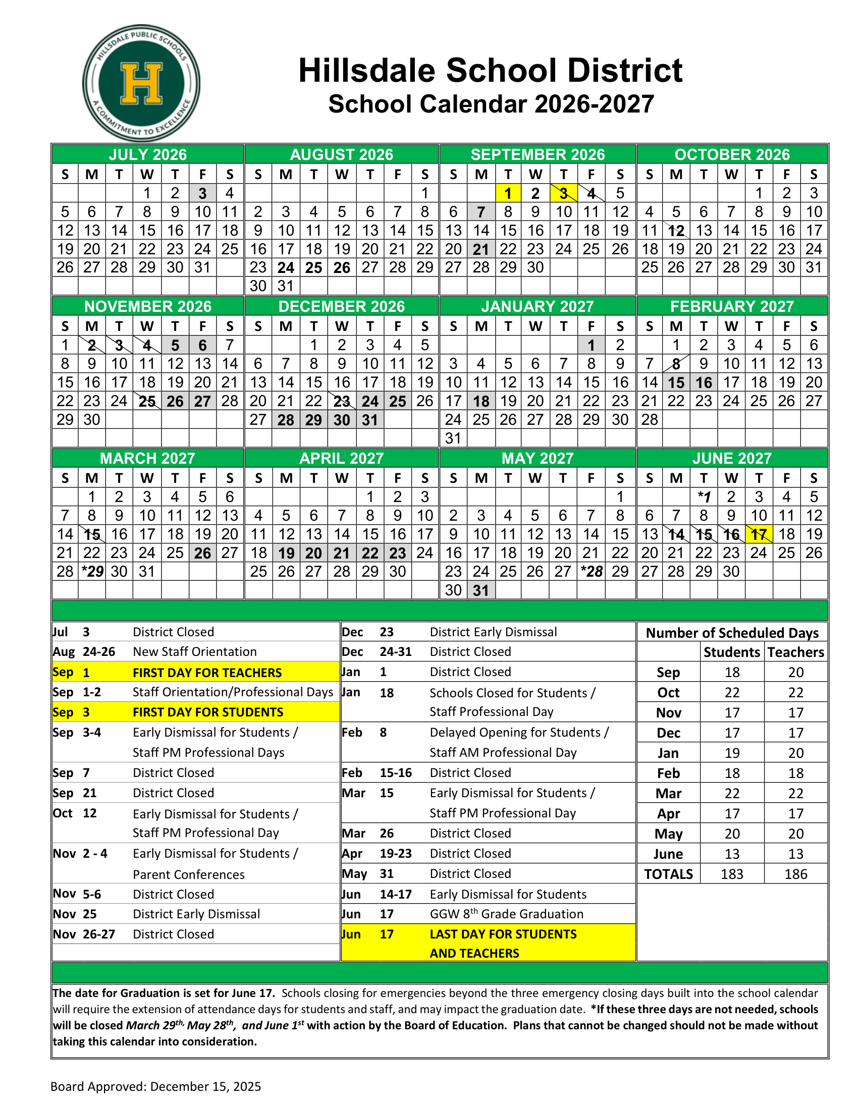 Hillsdale School District NJ 2026-27 calendar