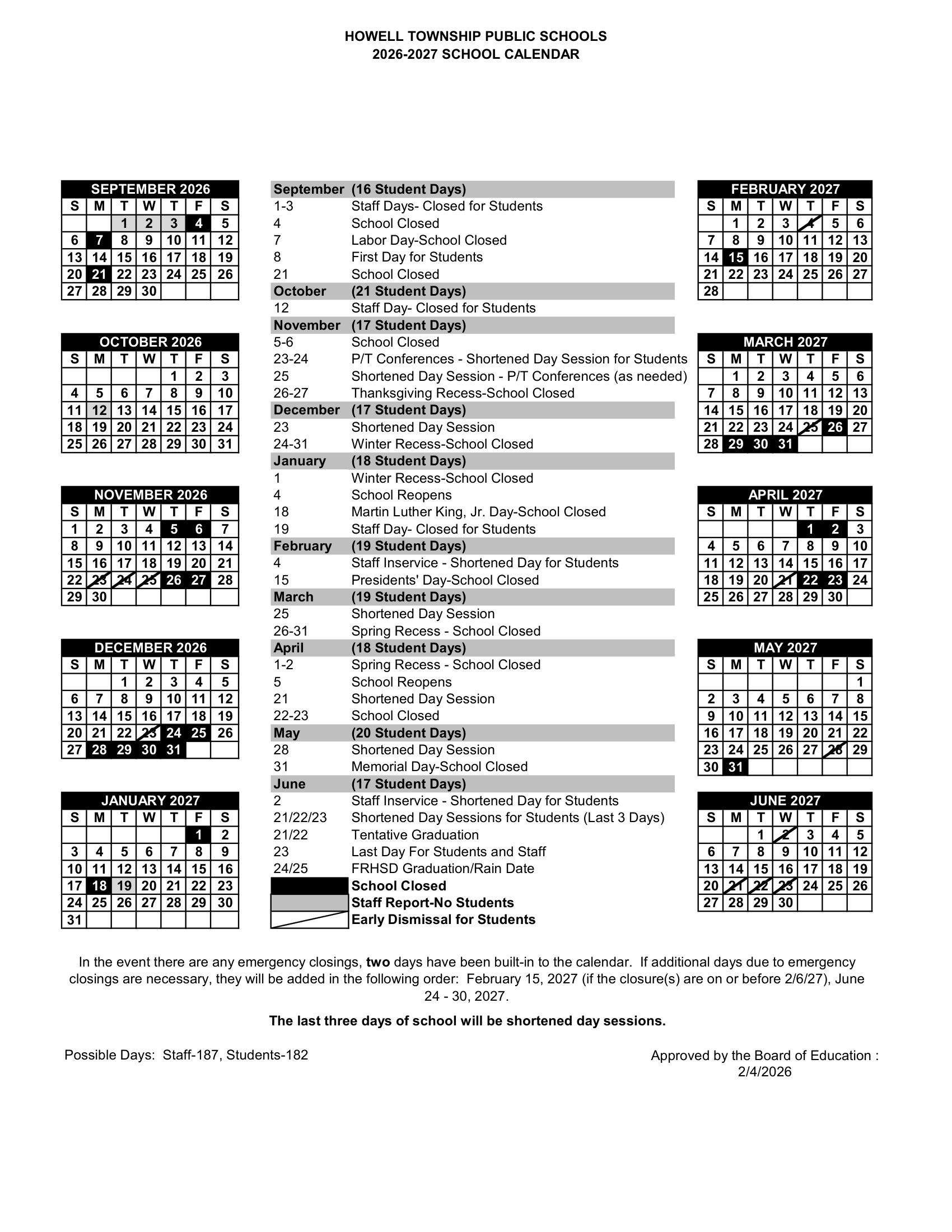 HOWELL TOWNSHIP PUBLIC SCHOOLS calendar thumbnail