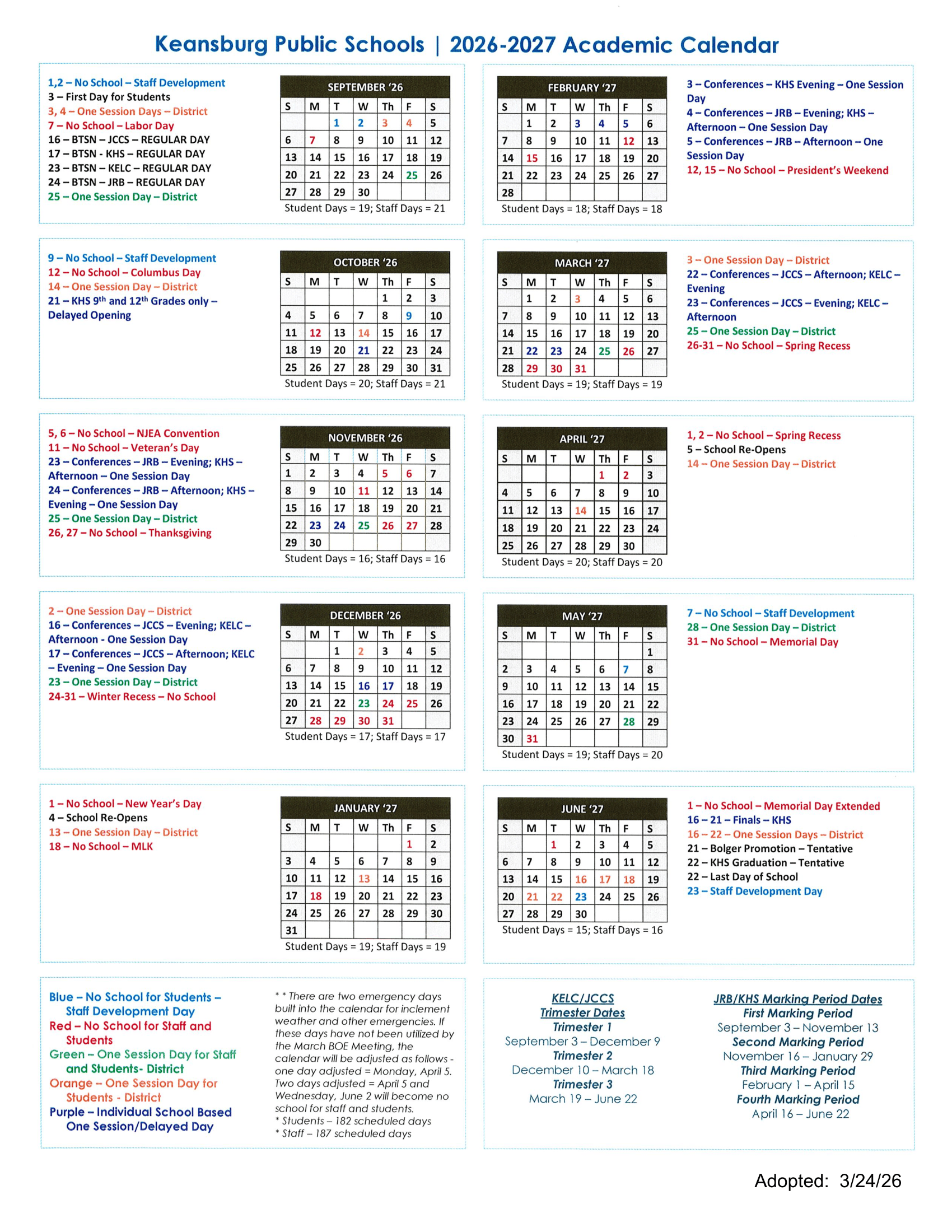 Keansburg Public Schools NJ 2026-27 calendar