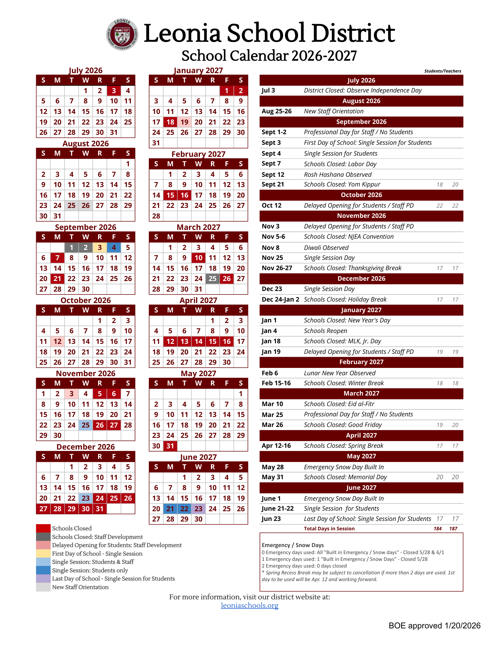 Leonia School District NJ 2026-27 calendar