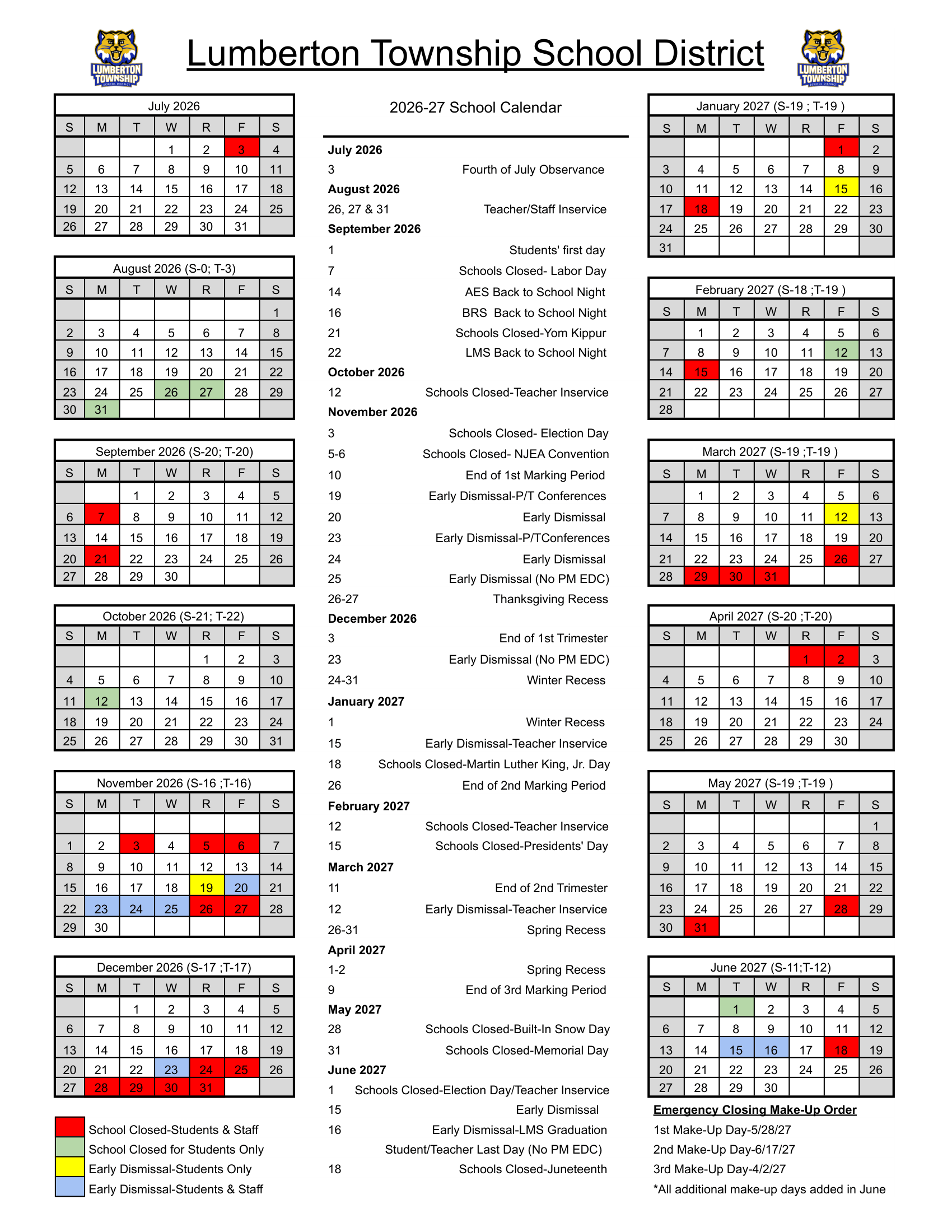 Lumberton Township School District NJ 2026-27 calendar