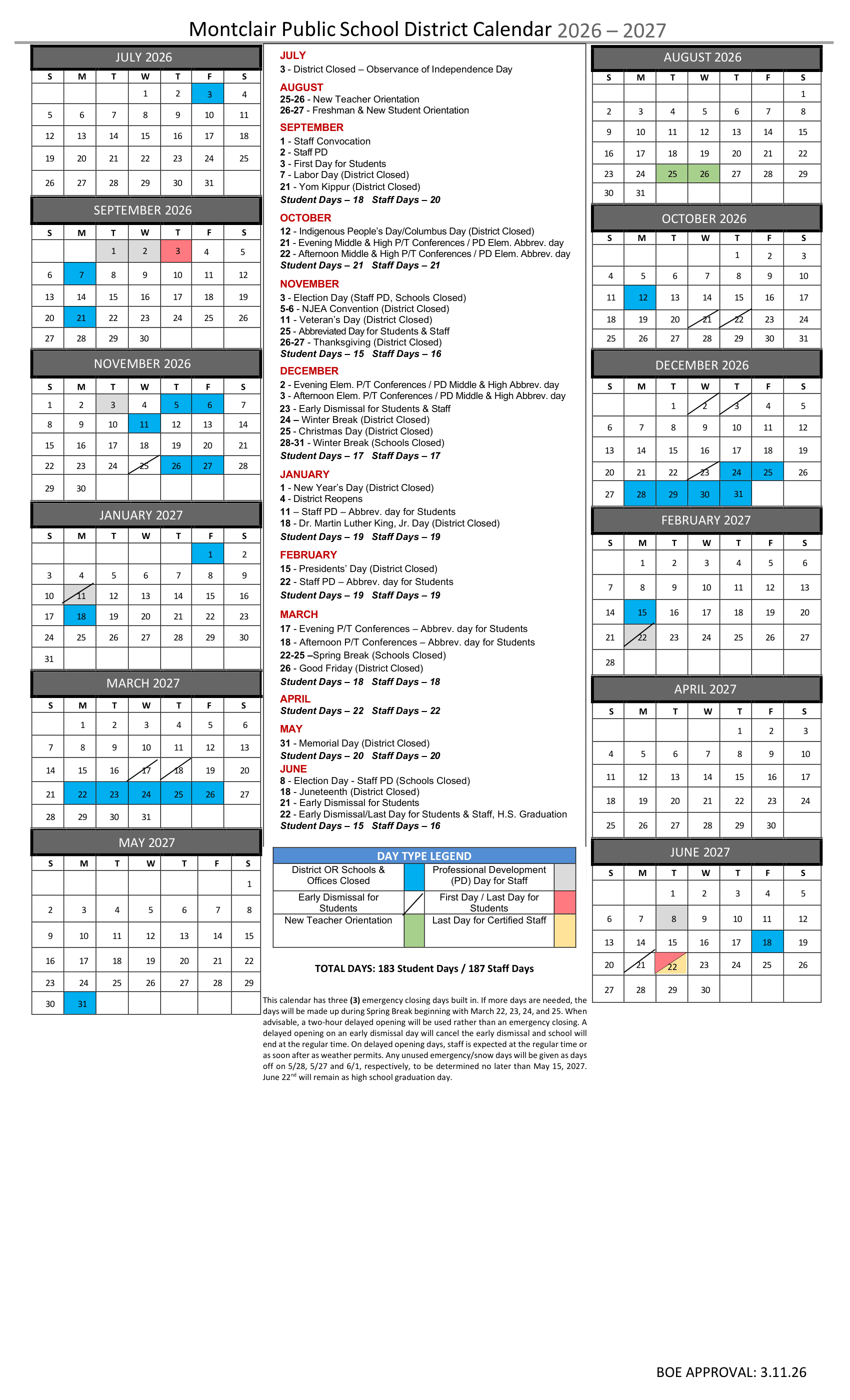 Montclair Public School District calendar thumbnail
