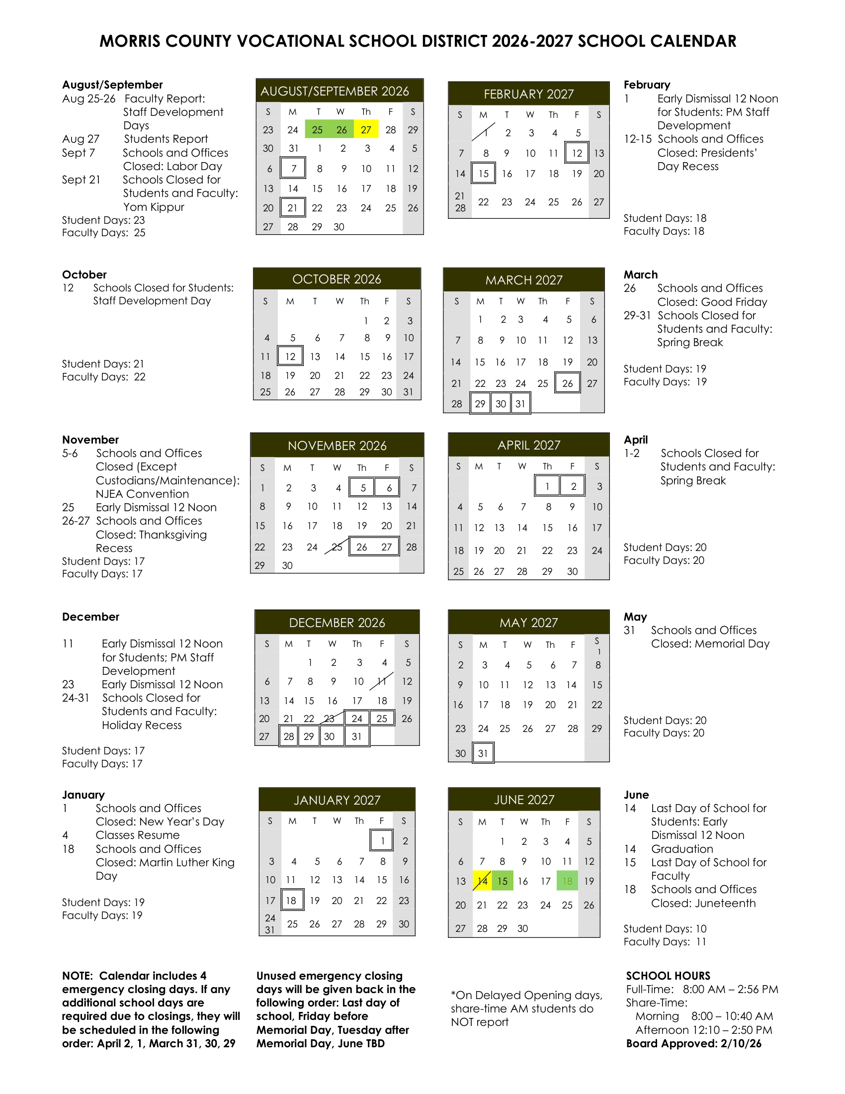 MORRIS COUNTY VOCATIONAL SCHOOL DISTRICT NJ 2026-27 calendar