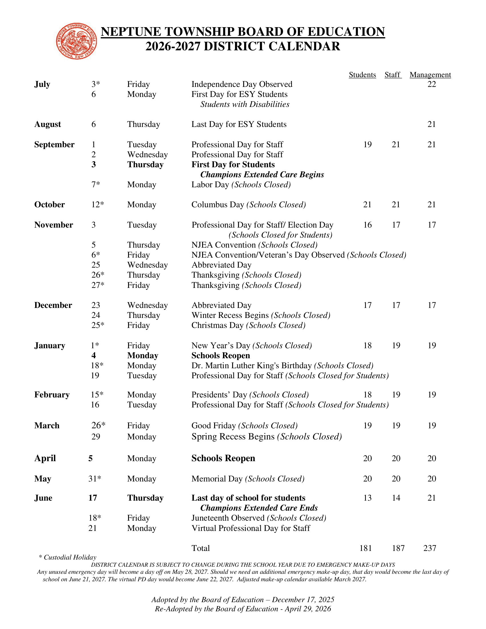 NEPTUNE TOWNSHIP BOARD OF EDUCATION calendar thumbnail